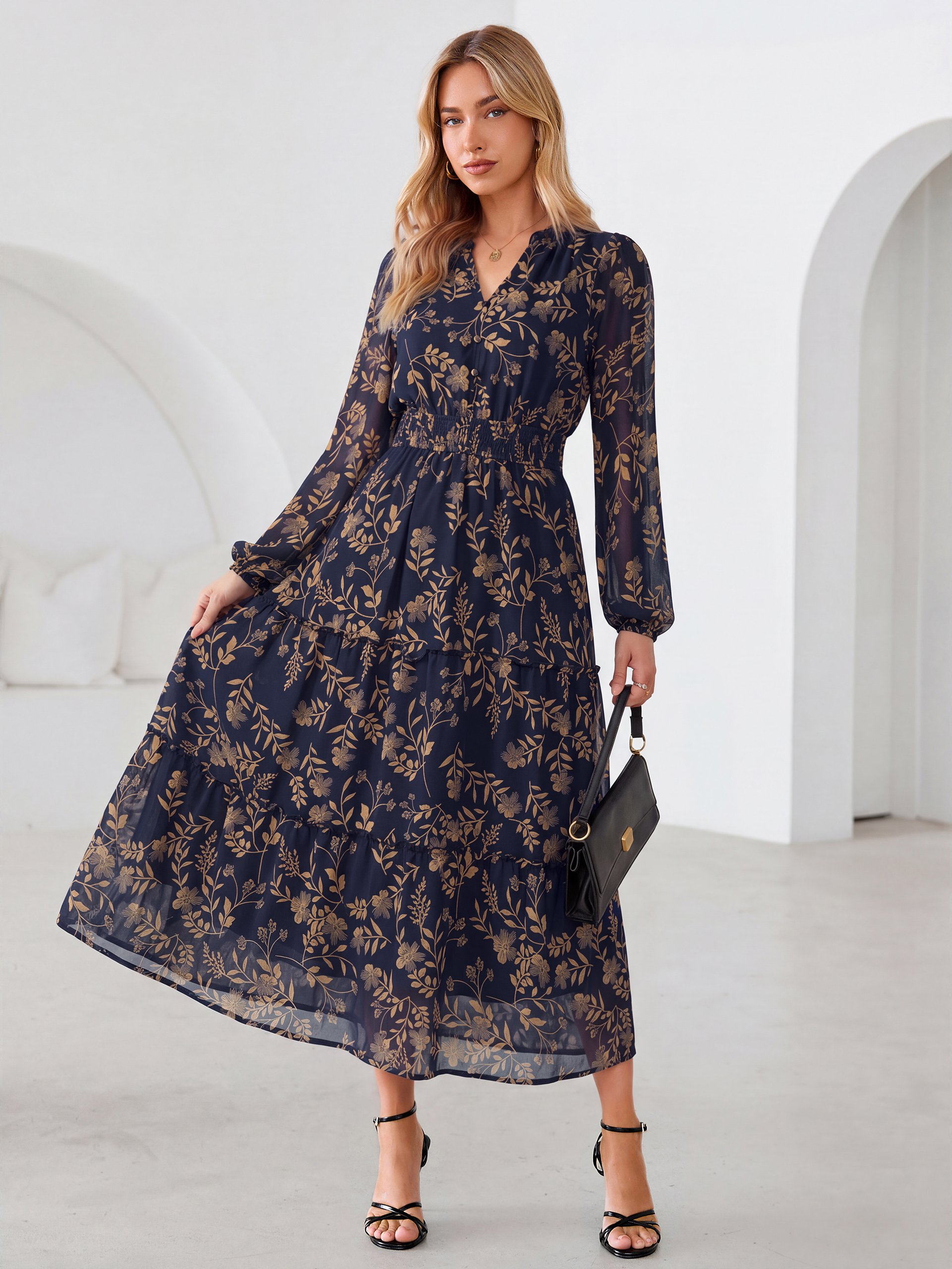Floral Chiffon Button V Neck Tiered Maxi Dress