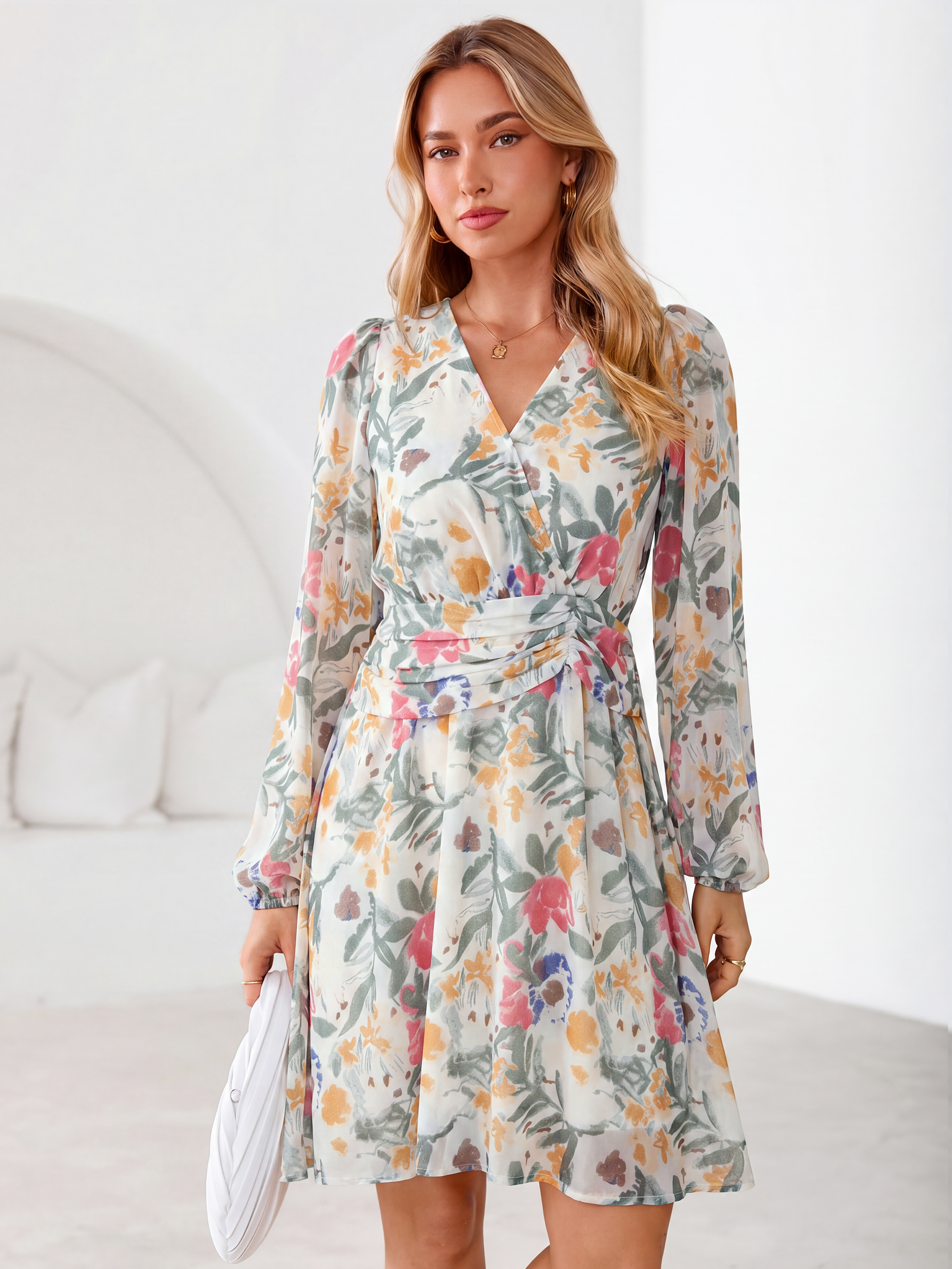 V Neck Floral Chiffon Long Sleeve Mini Dress