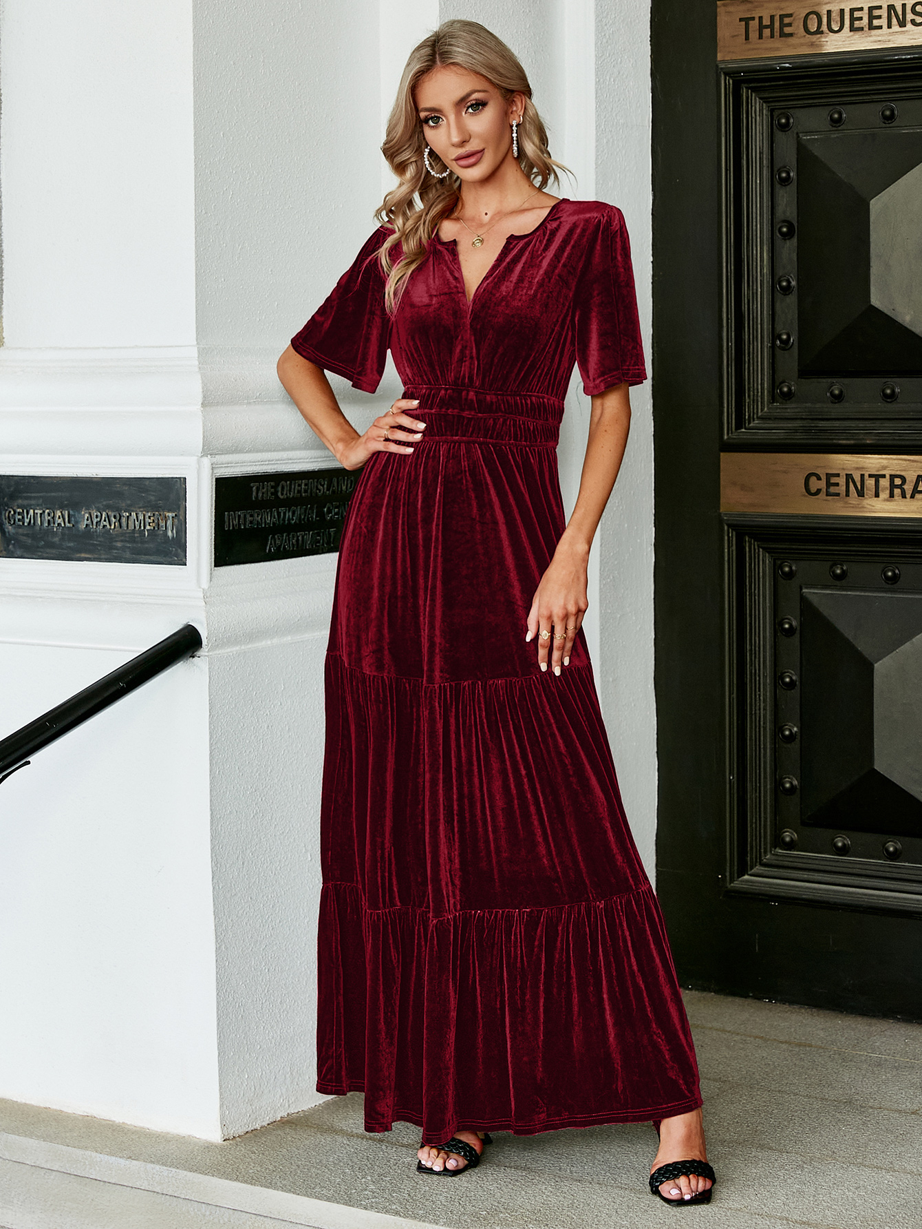 Velvet V-Neck Ruffle Tiered Wedding Guest Maxi Dress