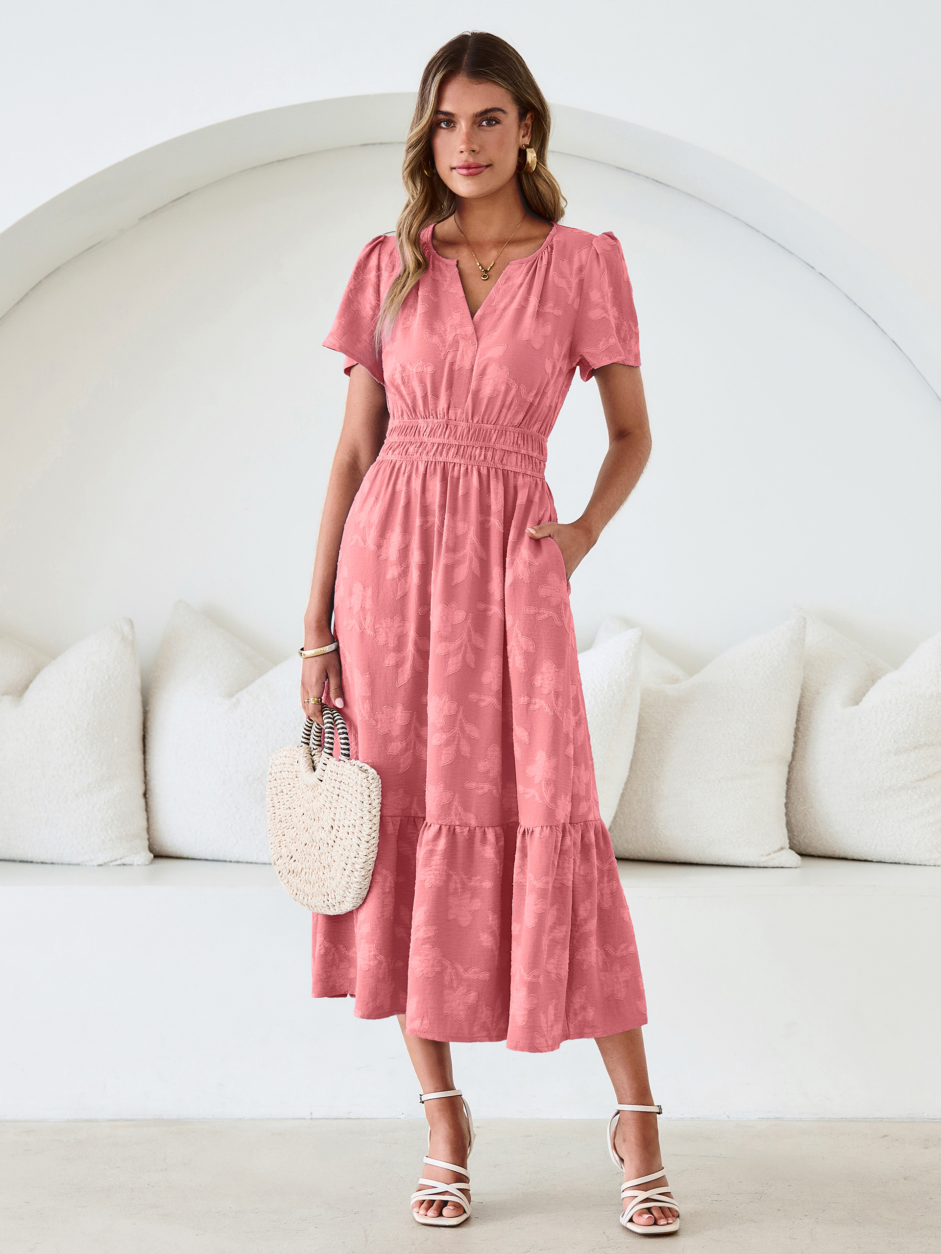 V Neck Burnout Floral Ruffle Maxi Dress