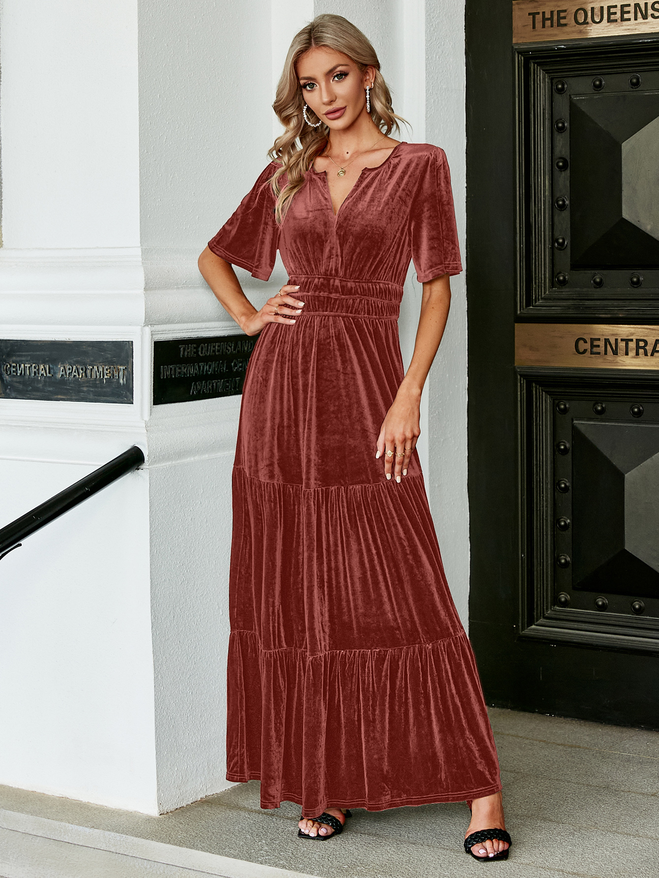 Velvet V-Neck Ruffle Tiered Wedding Guest Maxi Dress
