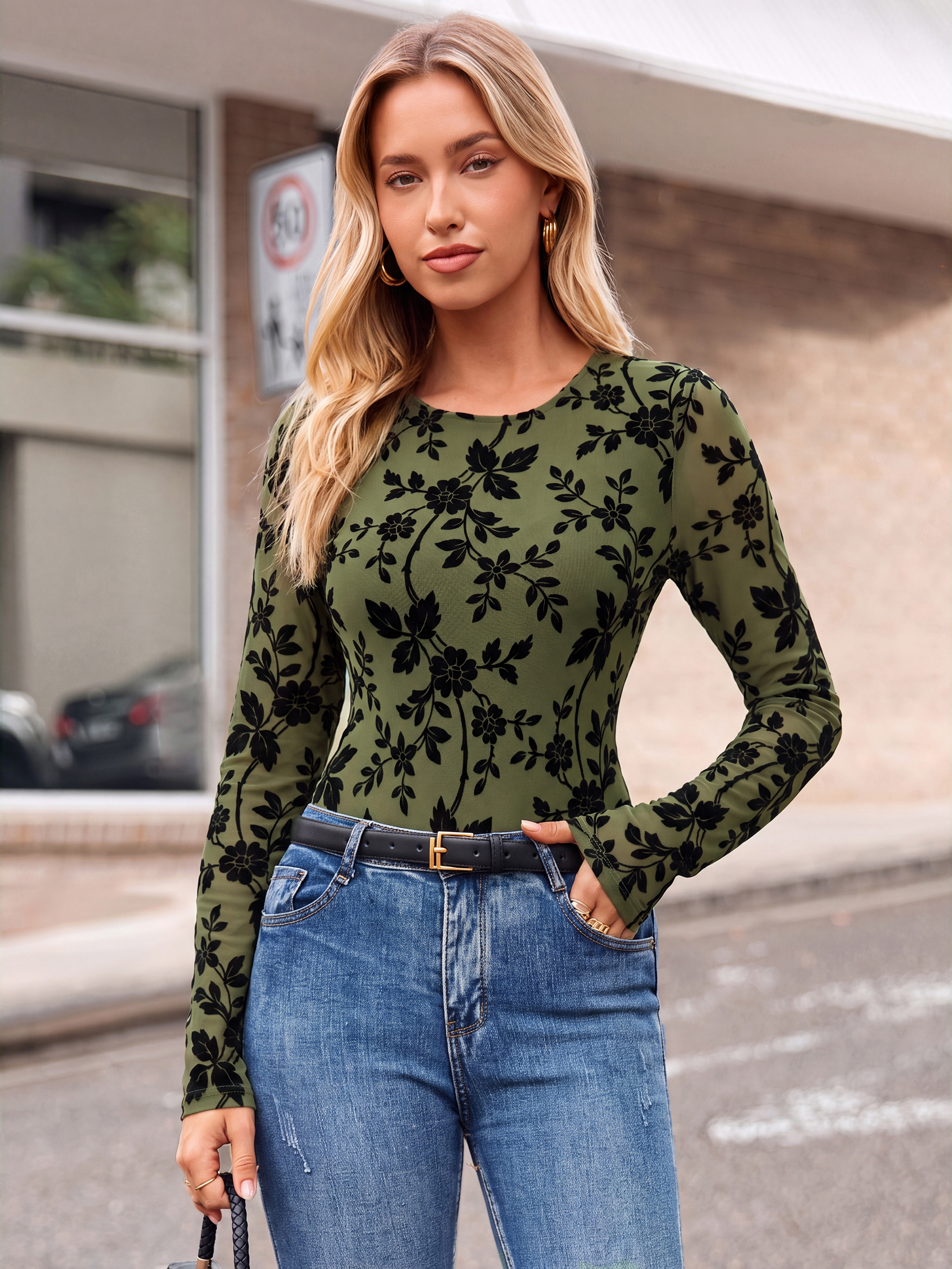 Long Sleeve Flocked Floral Mesh Double Lined Top