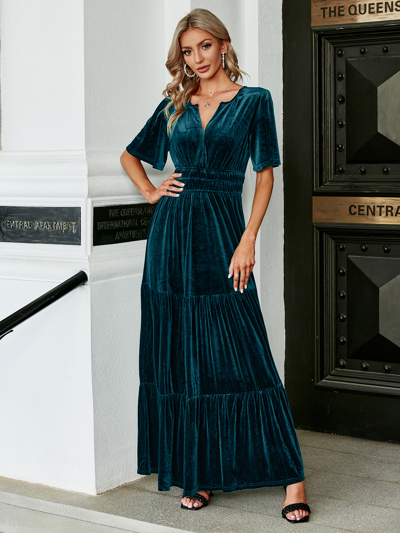 Velvet V-Neck Ruffle Tiered Wedding Guest Maxi Dress