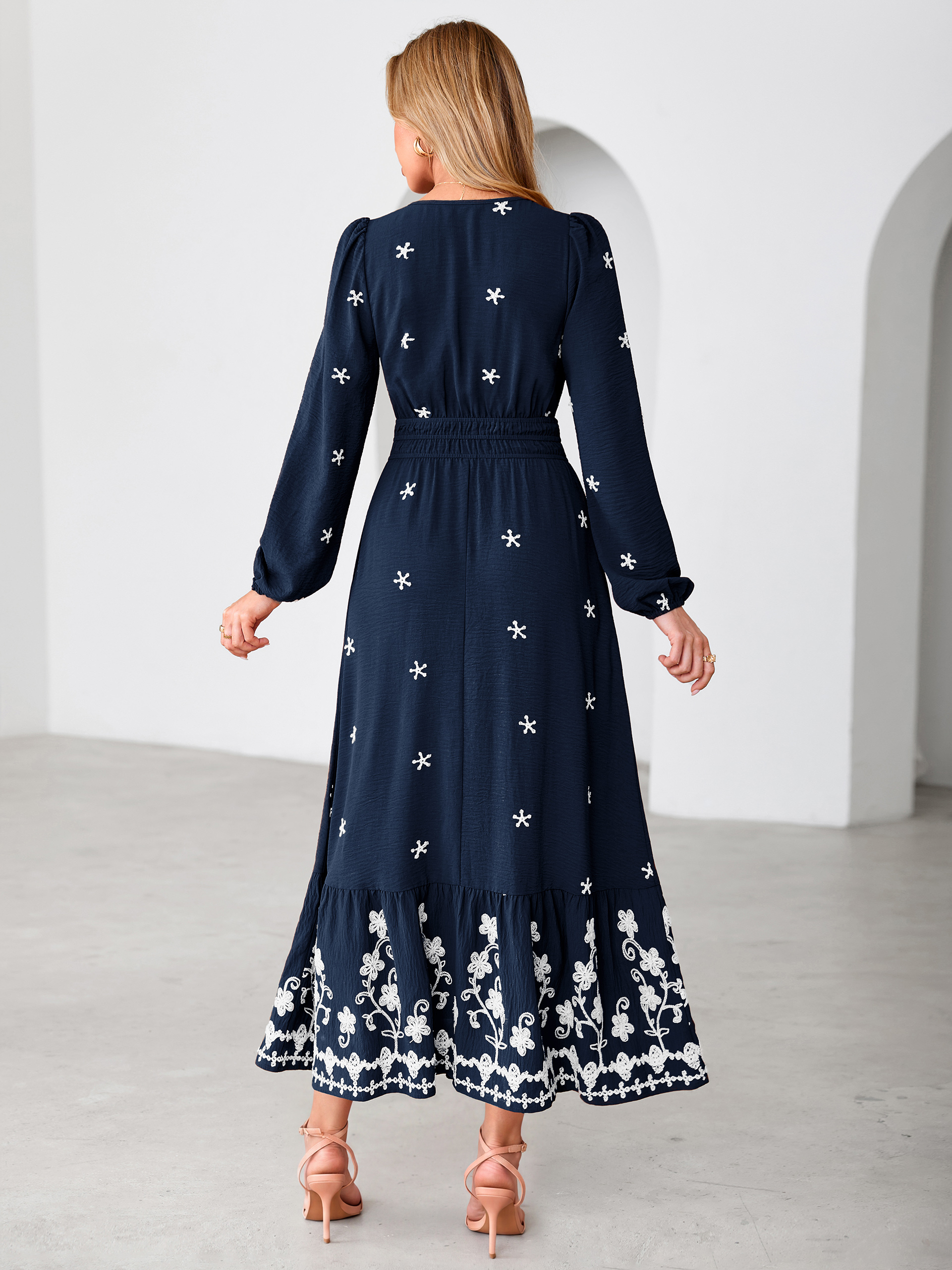 Boho Floral Embroidered Long Sleeve Maxi Dress