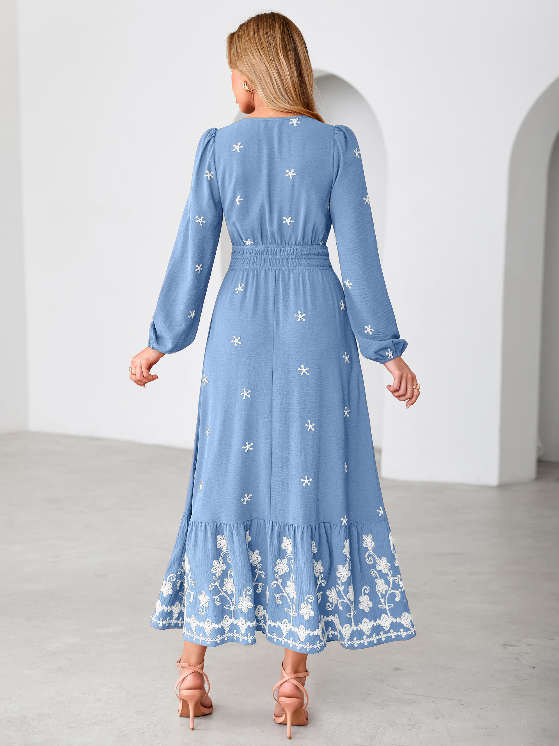 Boho Floral Embroidered Long Sleeve Maxi Dress