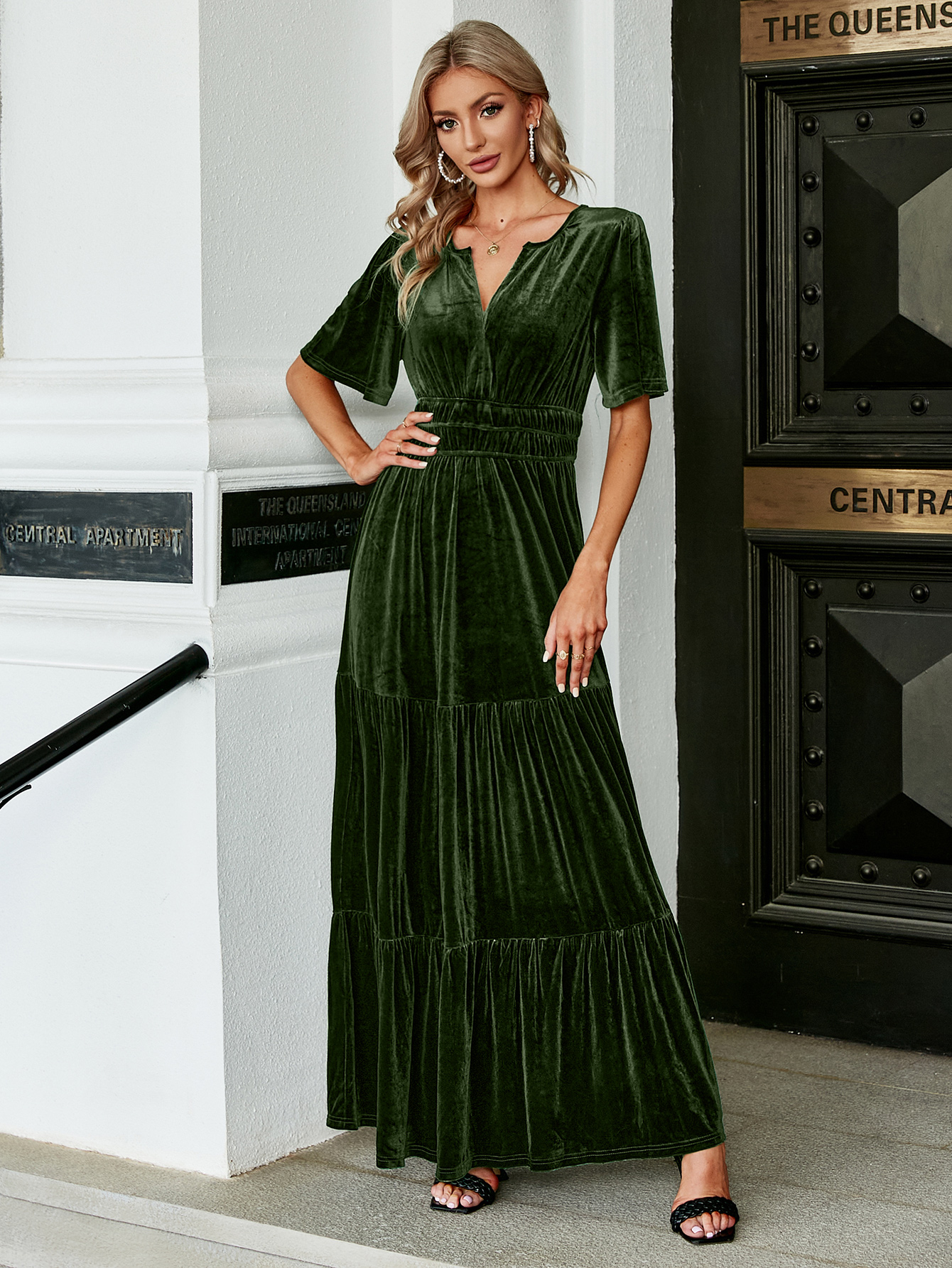 Velvet V-Neck Ruffle Tiered Wedding Guest Maxi Dress