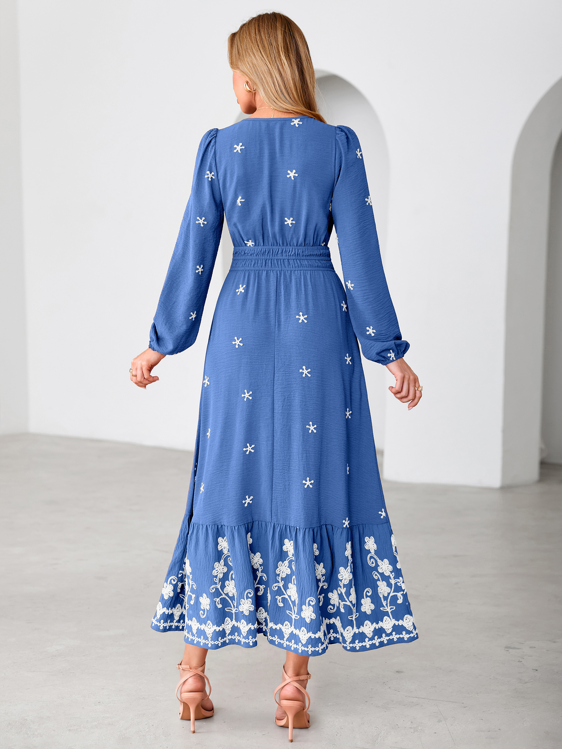 Boho Floral Embroidered Long Sleeve Maxi Dress