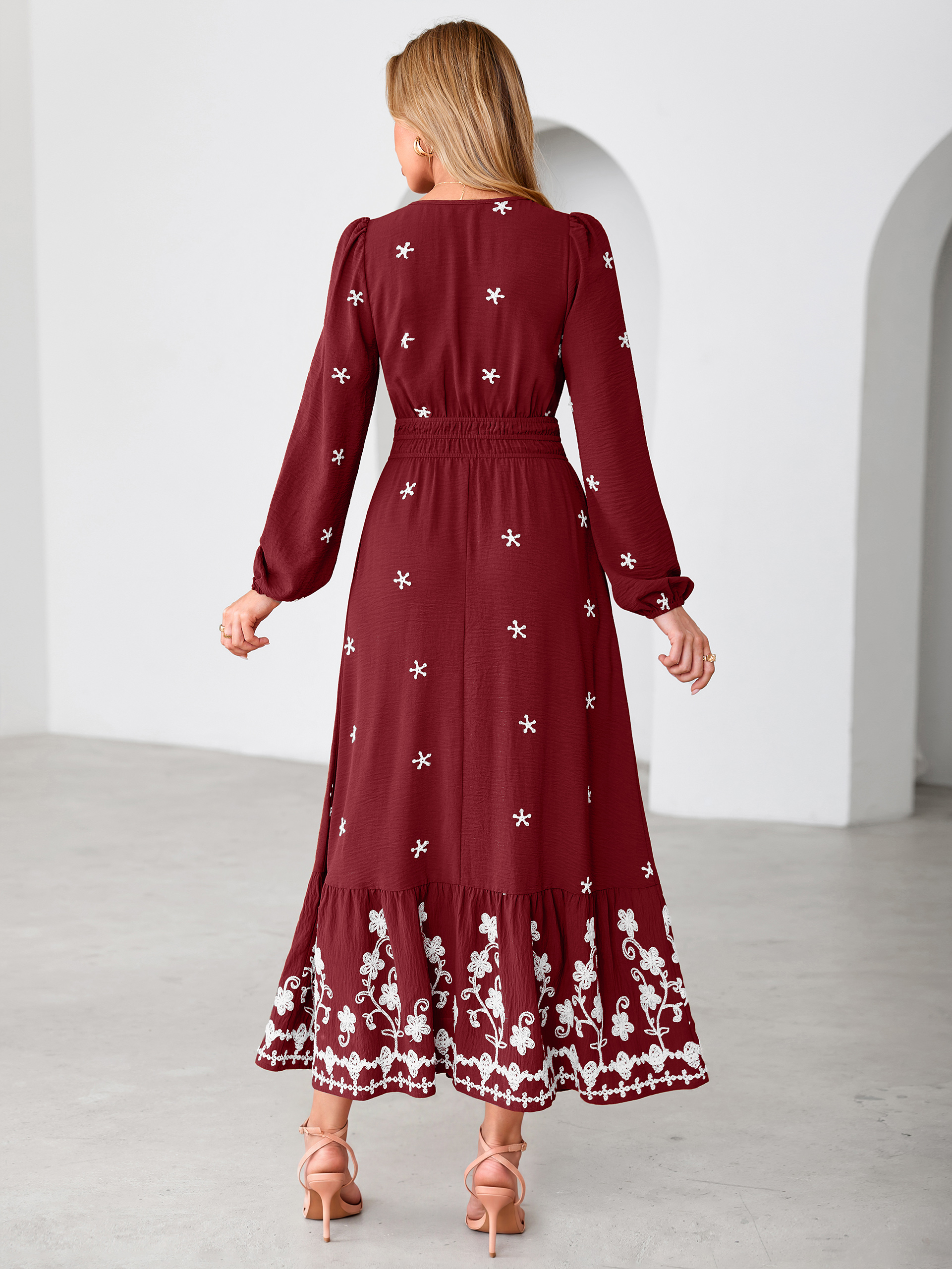 Boho Floral Embroidered Long Sleeve Maxi Dress