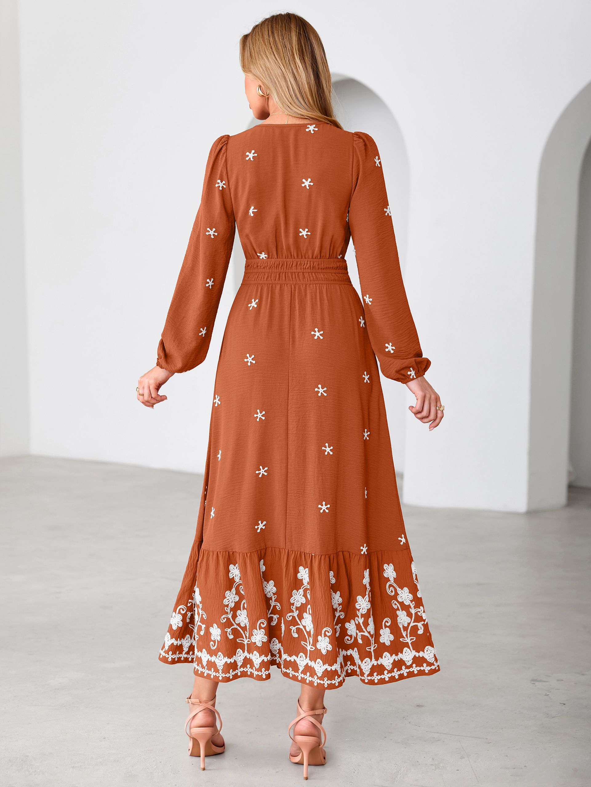 Boho Floral Embroidered Long Sleeve Maxi Dress