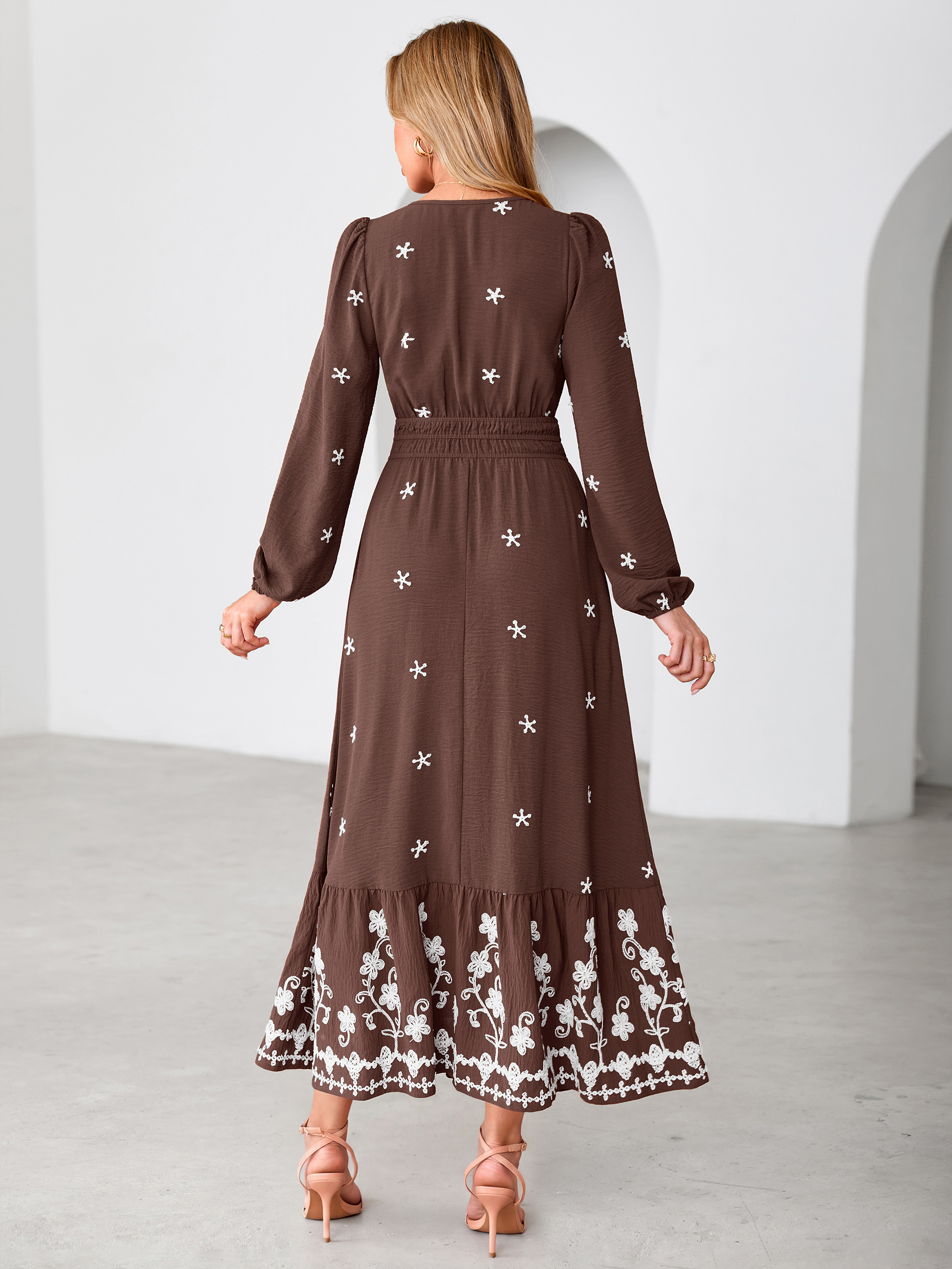 Boho Floral Embroidered Long Sleeve Maxi Dress