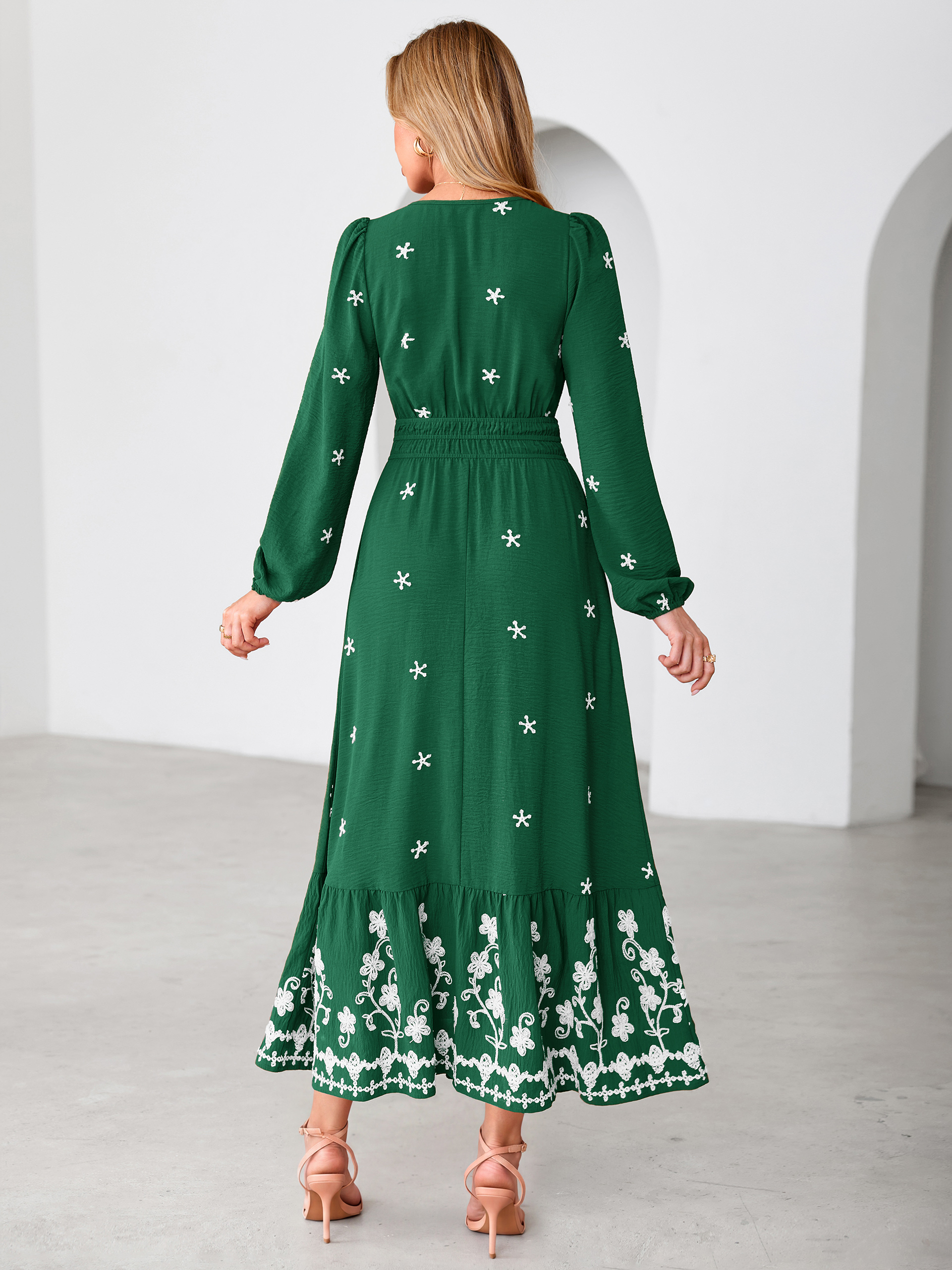 Boho Floral Embroidered Long Sleeve Maxi Dress