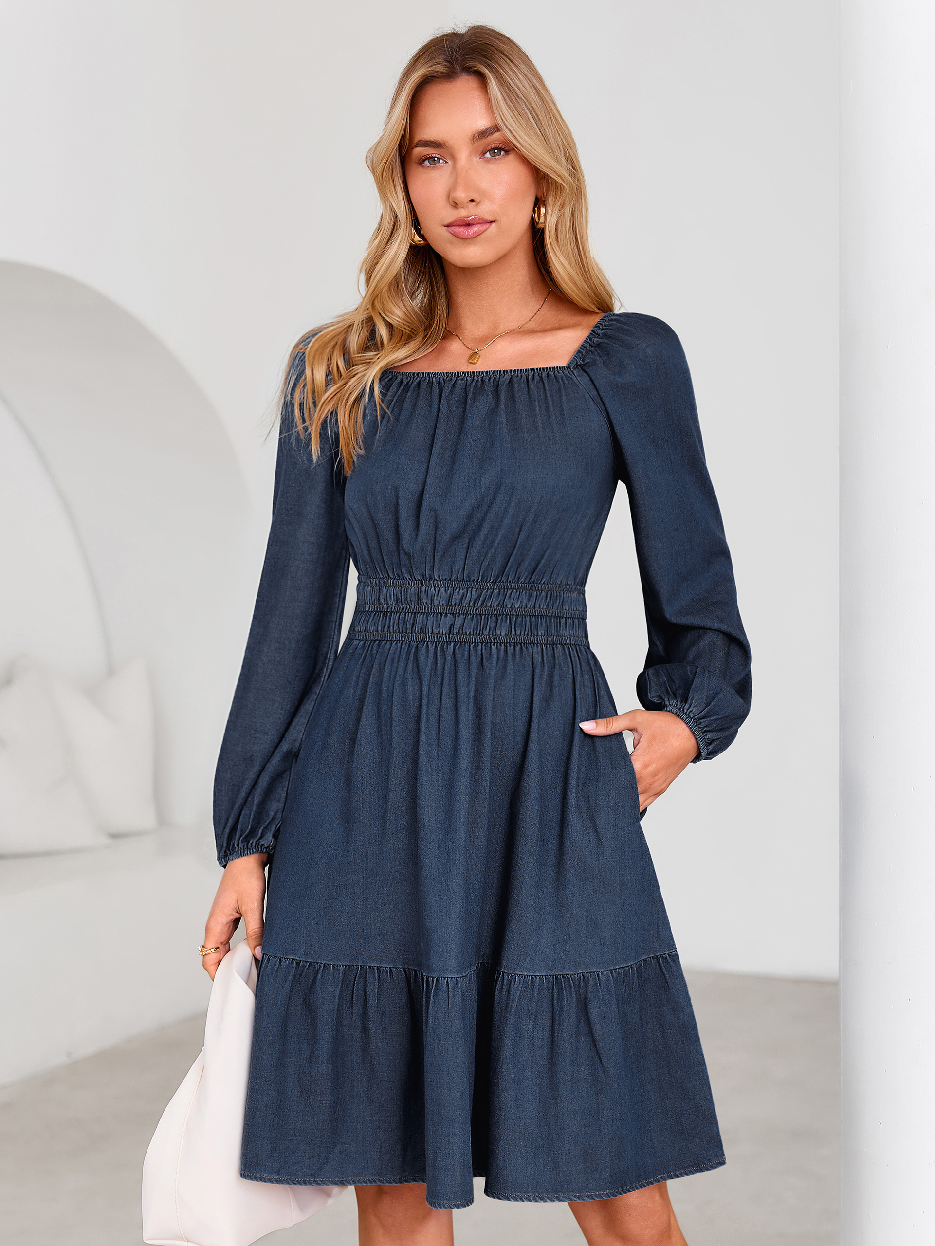 Square Neck Long Sleeve Lyocell Denim Mini Dress - Denim Navy Blue