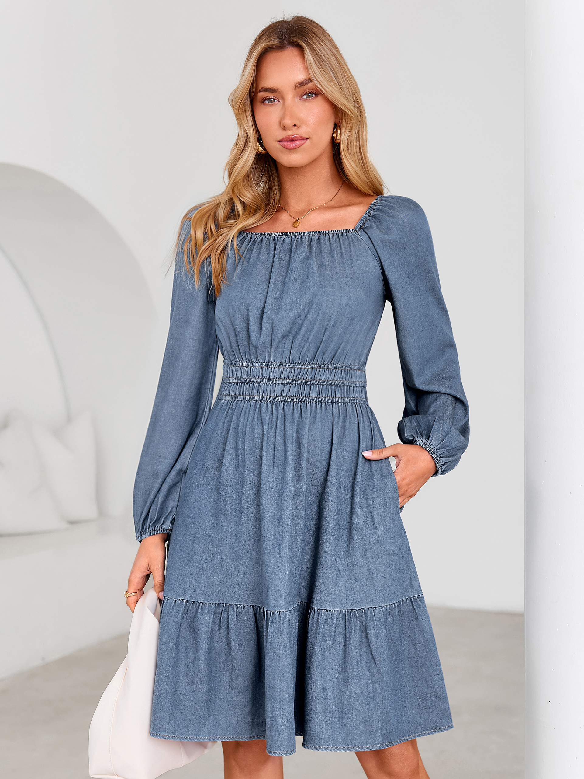 Square Neck Long Sleeve Lyocell Denim Mini Dress - Denim Light Blue