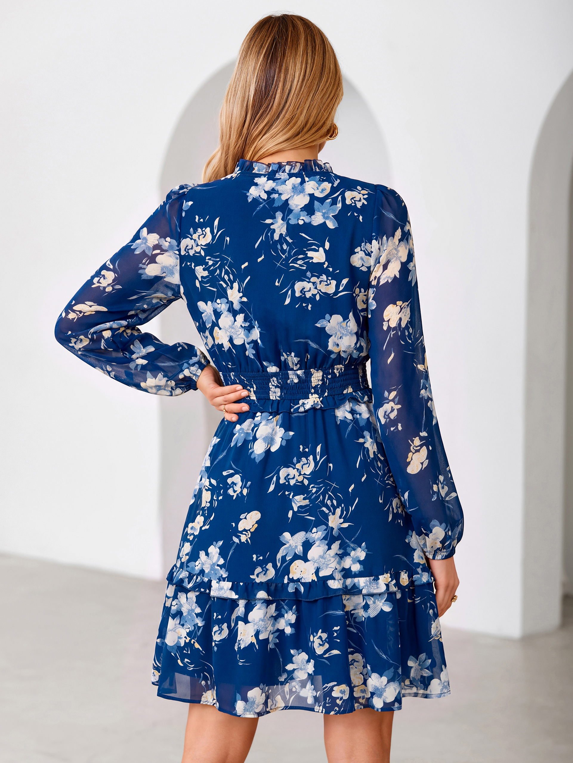 Chiffon Floral Print Long Sleeve Smocked Mini Dress