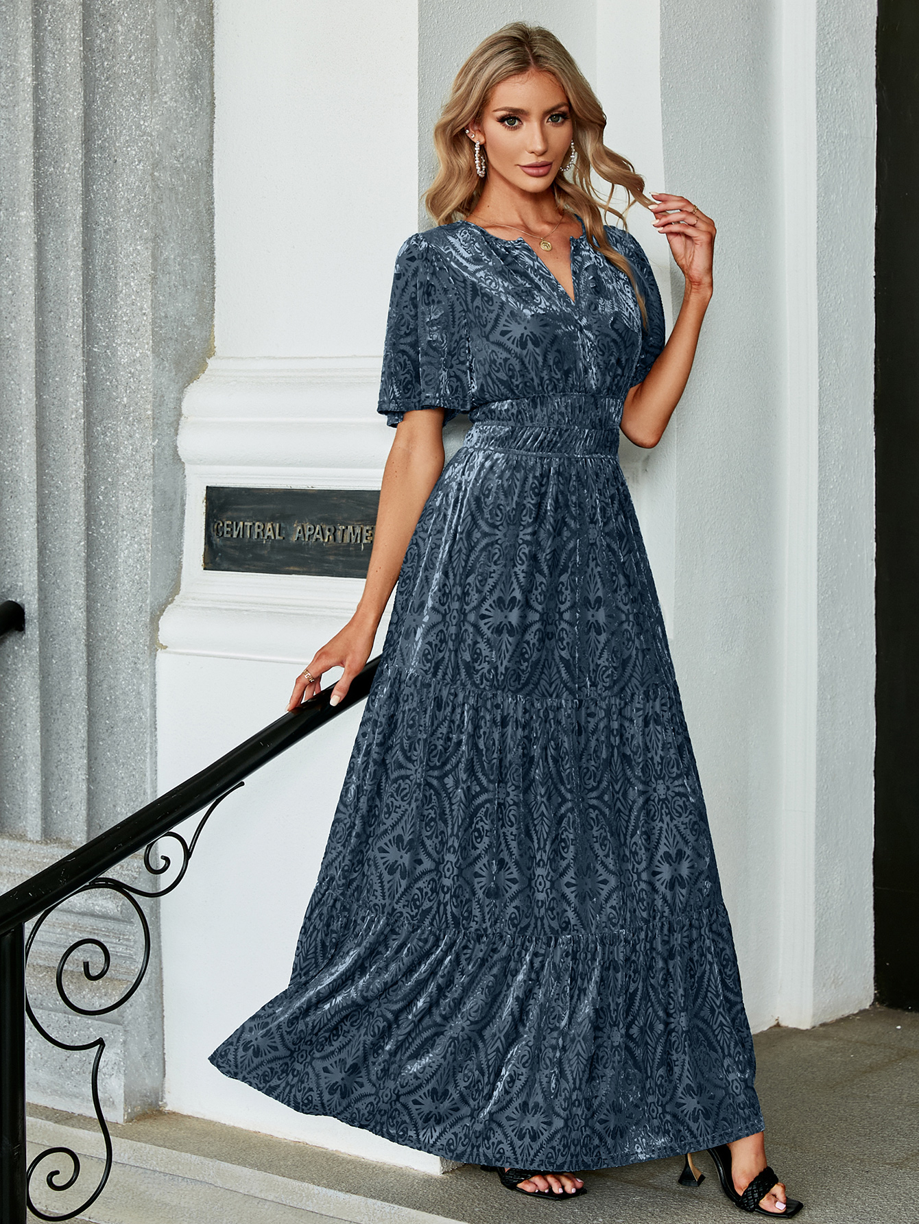 Velvet Print V-Neck Empire Tiered Ruffle Maxi Dress