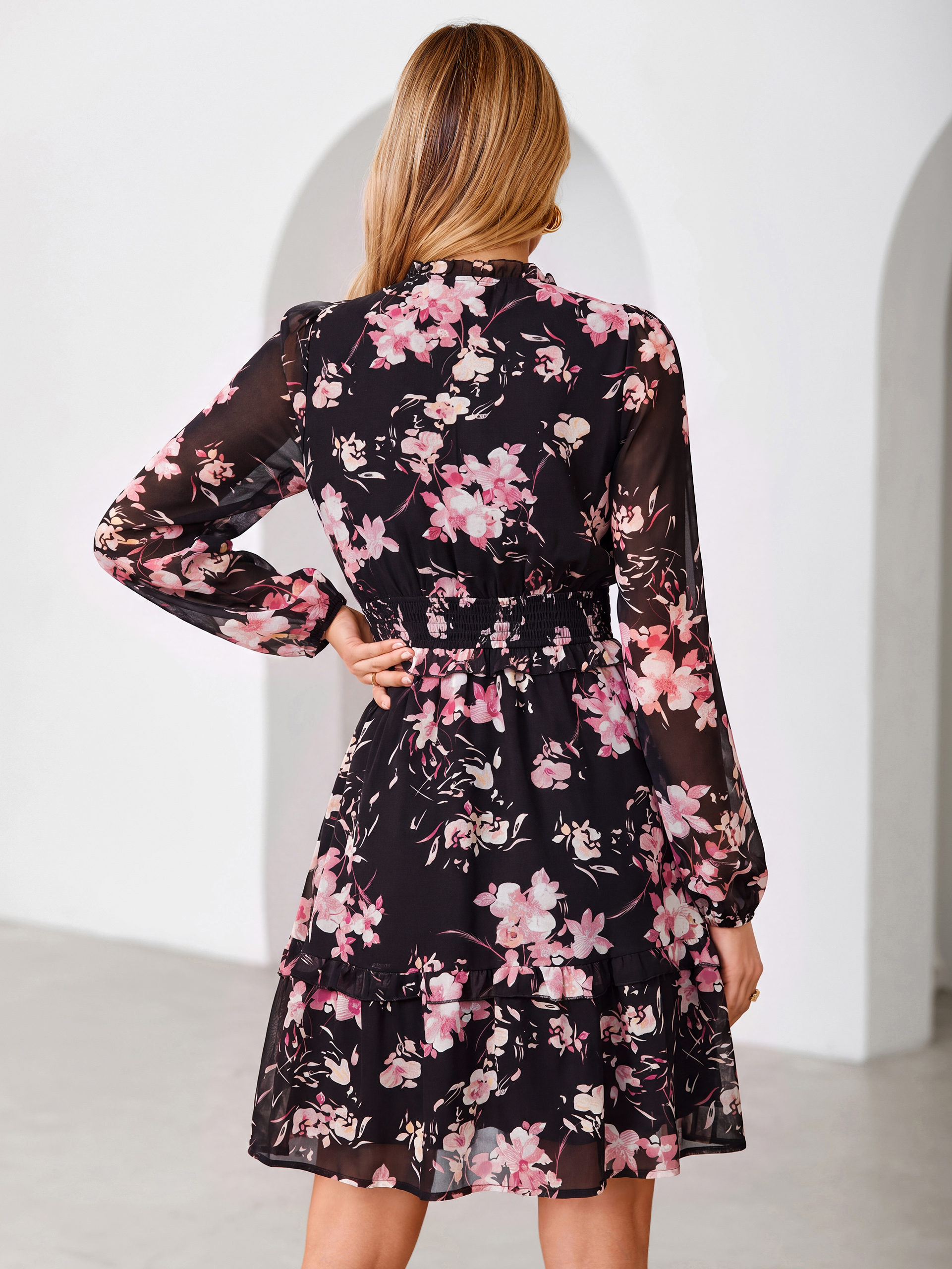 Chiffon Floral Print Long Sleeve Smocked Mini Dress