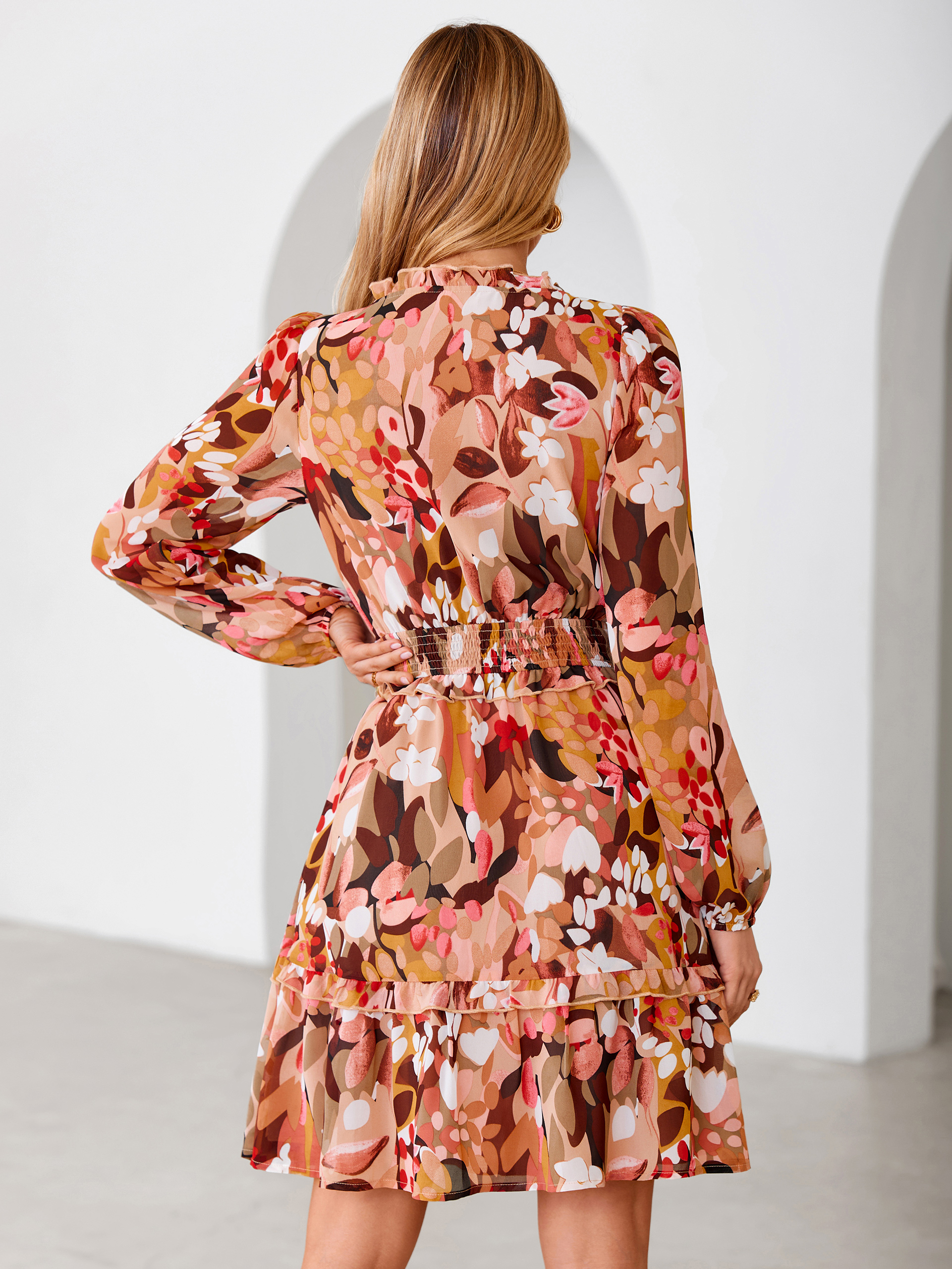 Chiffon Floral Print Long Sleeve Smocked Mini Dress