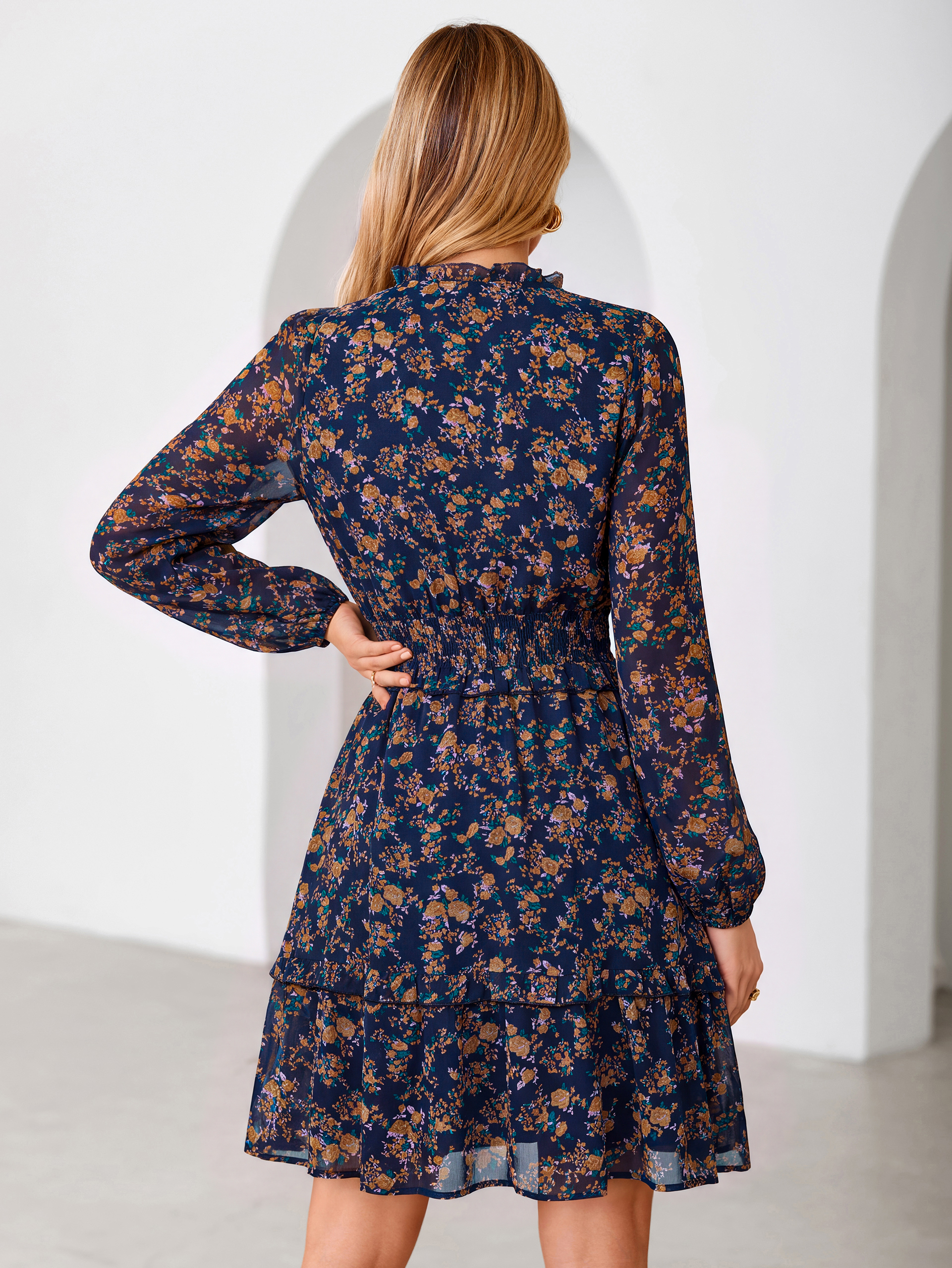 Chiffon Floral Print Long Sleeve Smocked Mini Dress