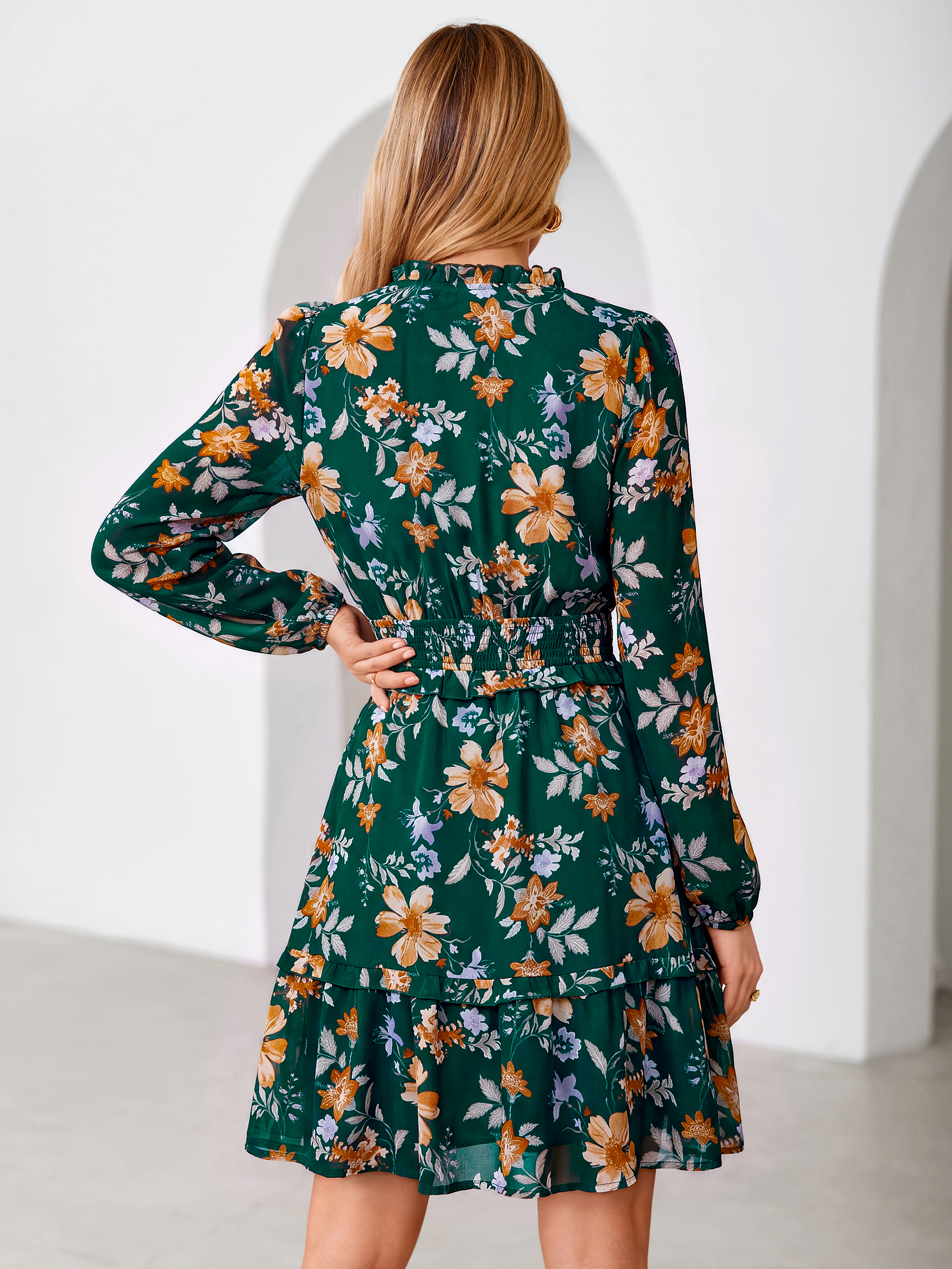 Chiffon Floral Print Long Sleeve Smocked Mini Dress
