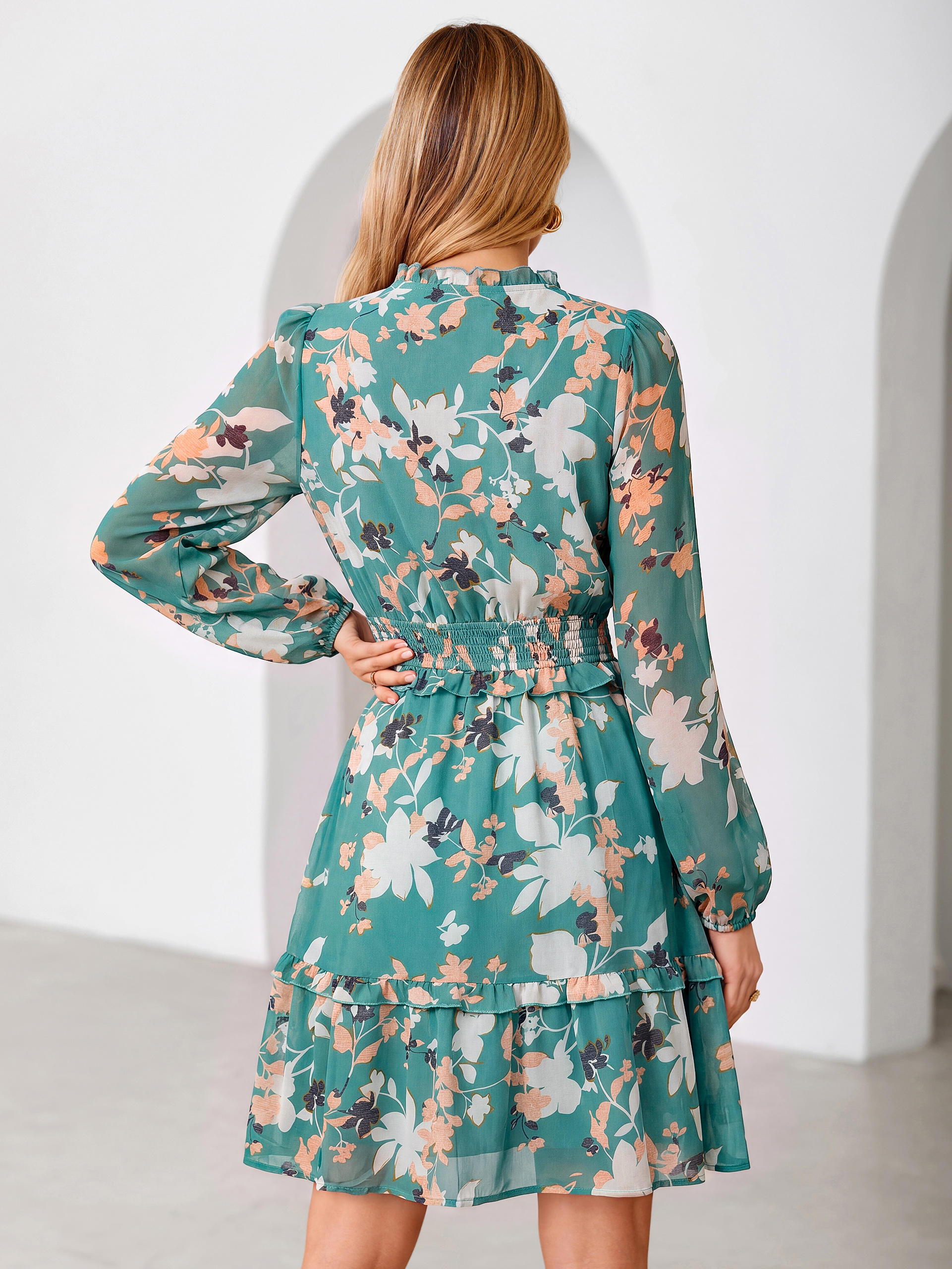 Chiffon Floral Print Long Sleeve Smocked Mini Dress