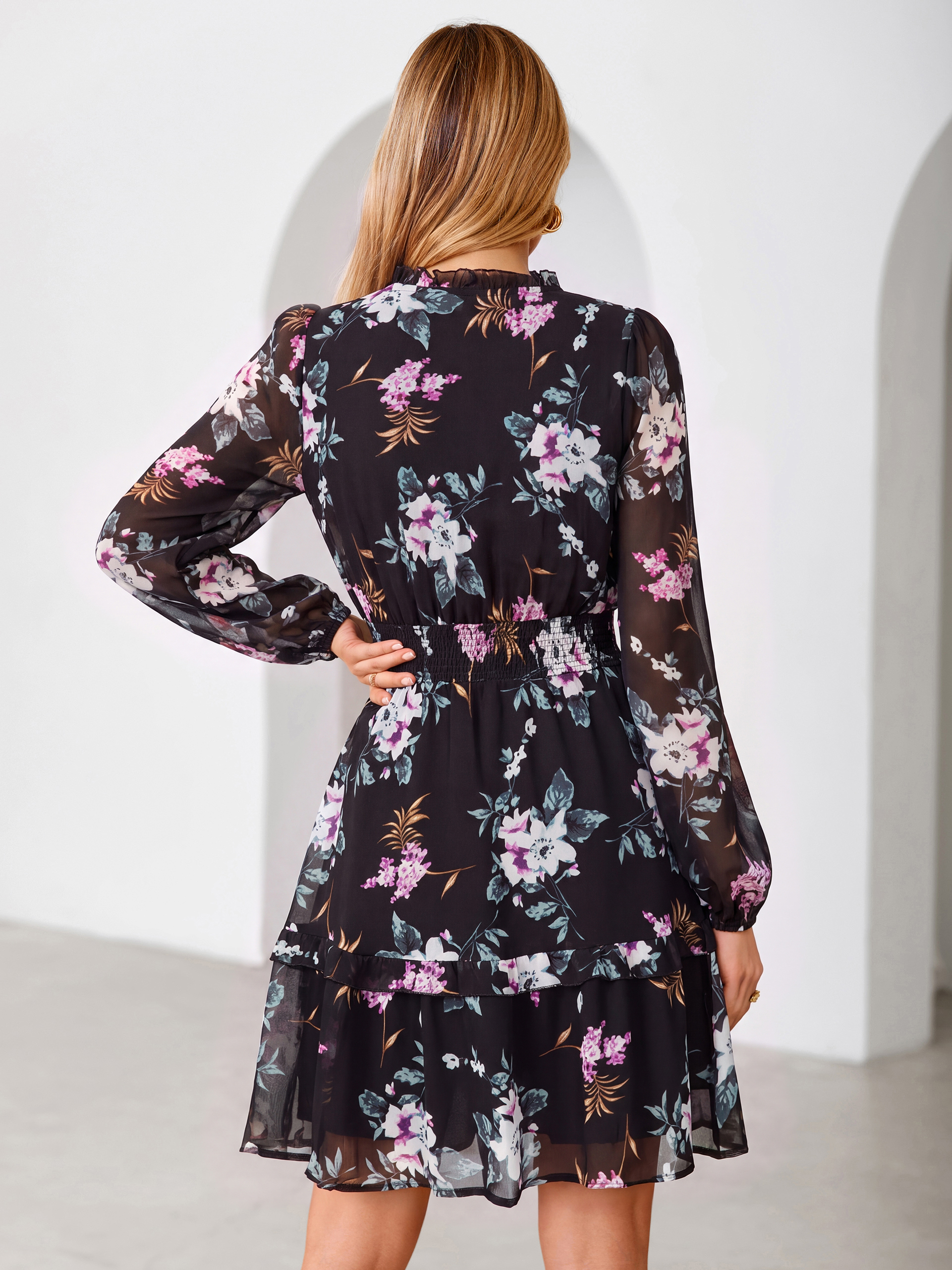 Chiffon Floral Print Long Sleeve Smocked Mini Dress