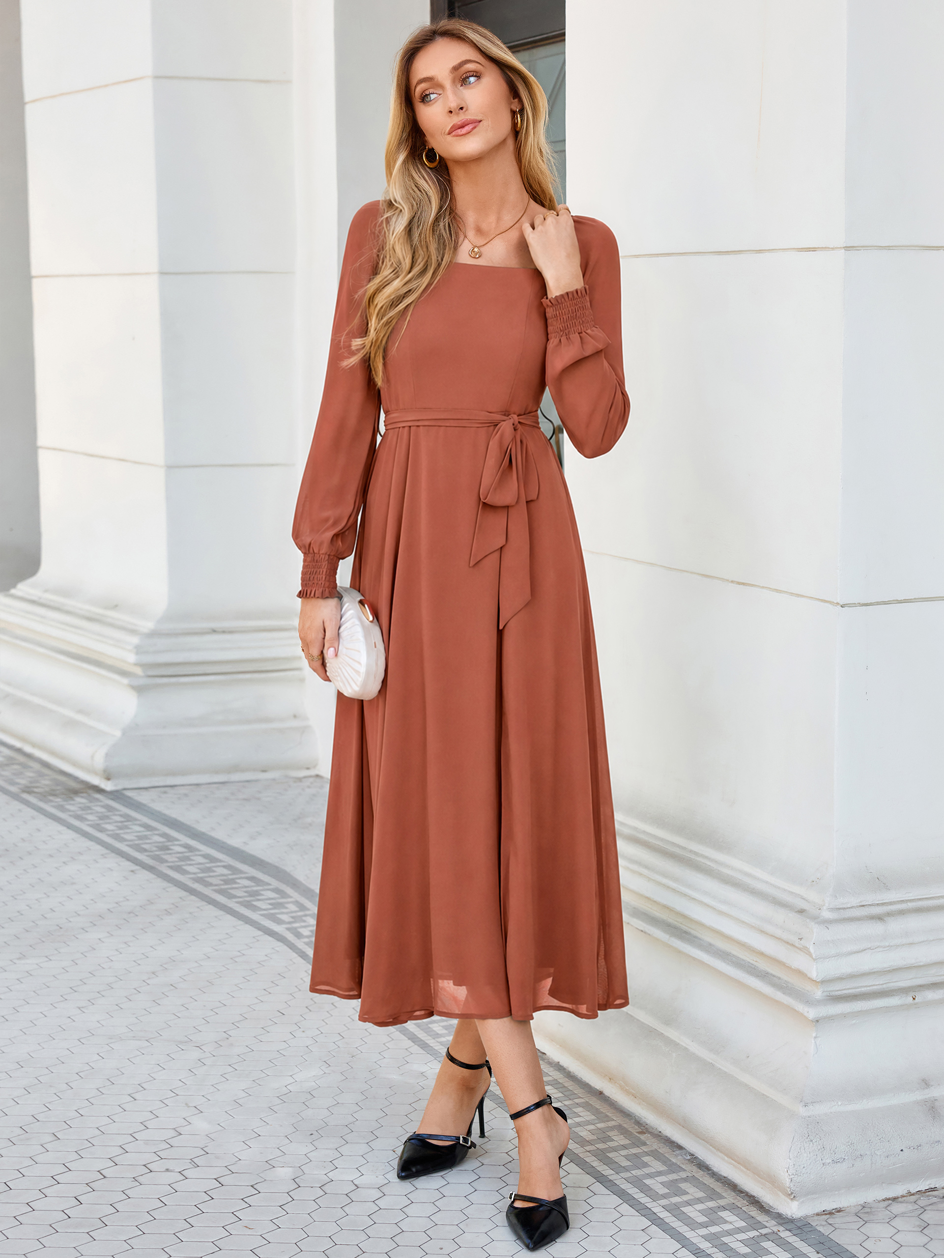 Square Neck Long Sleeve Chiffon A-Line Maxi Dress