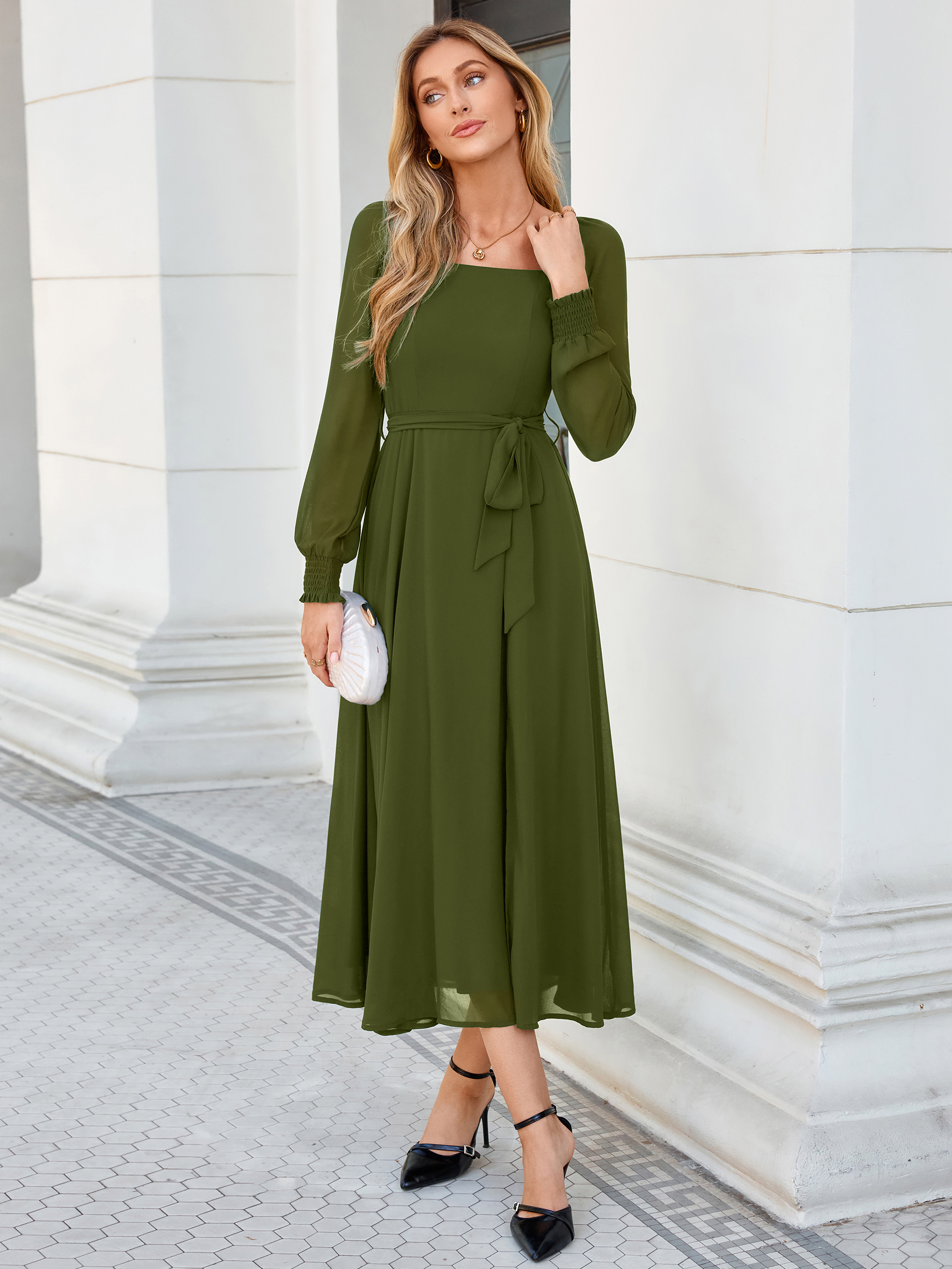 Square Neck Long Sleeve Chiffon A-Line Maxi Dress
