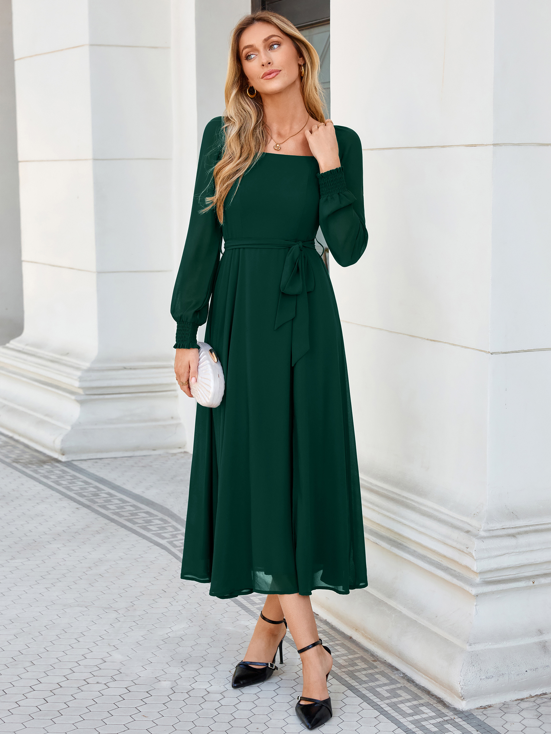 Square Neck Long Sleeve Chiffon A-Line Maxi Dress