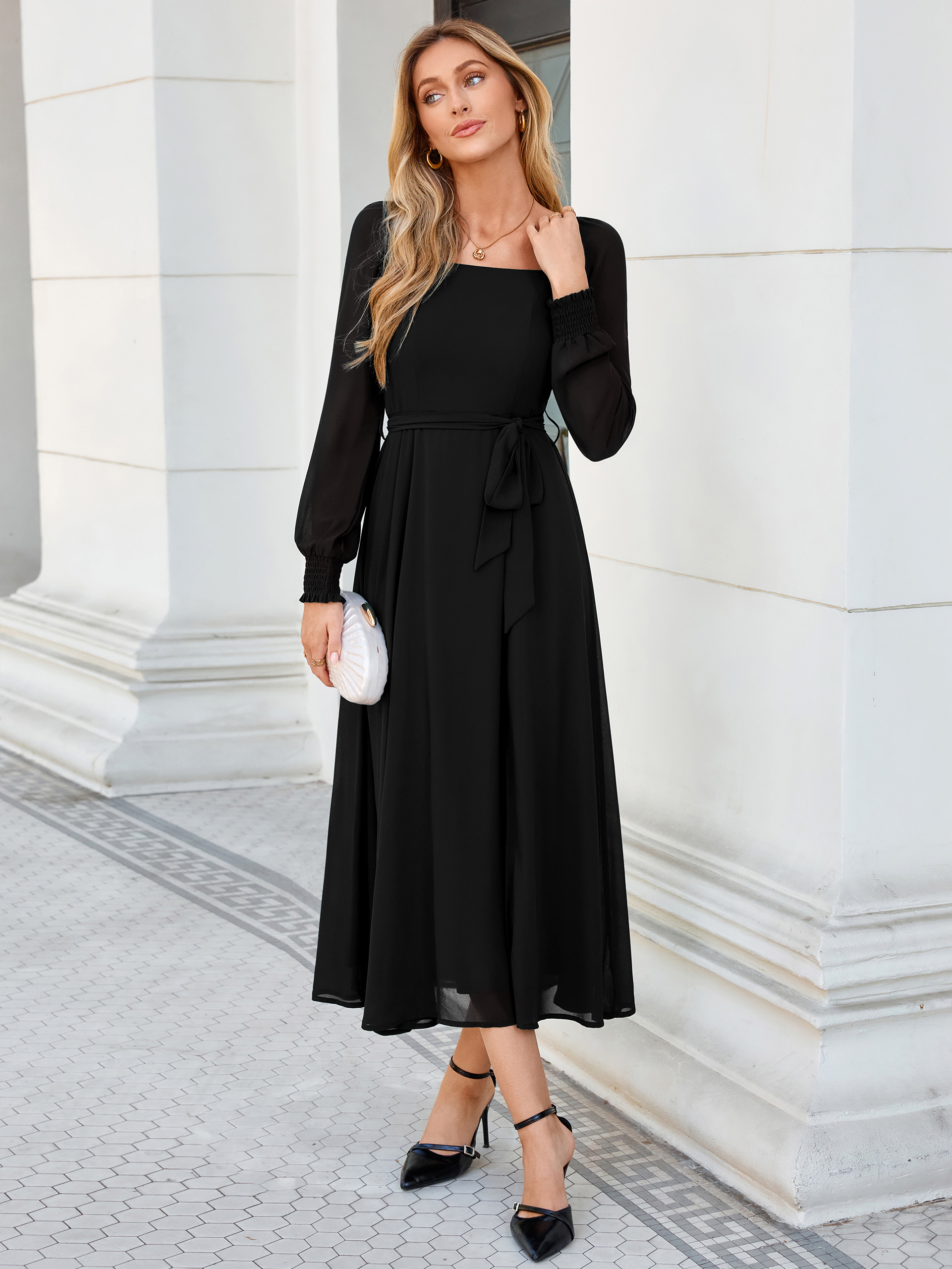 Square Neck Long Sleeve Chiffon A-Line Maxi Dress