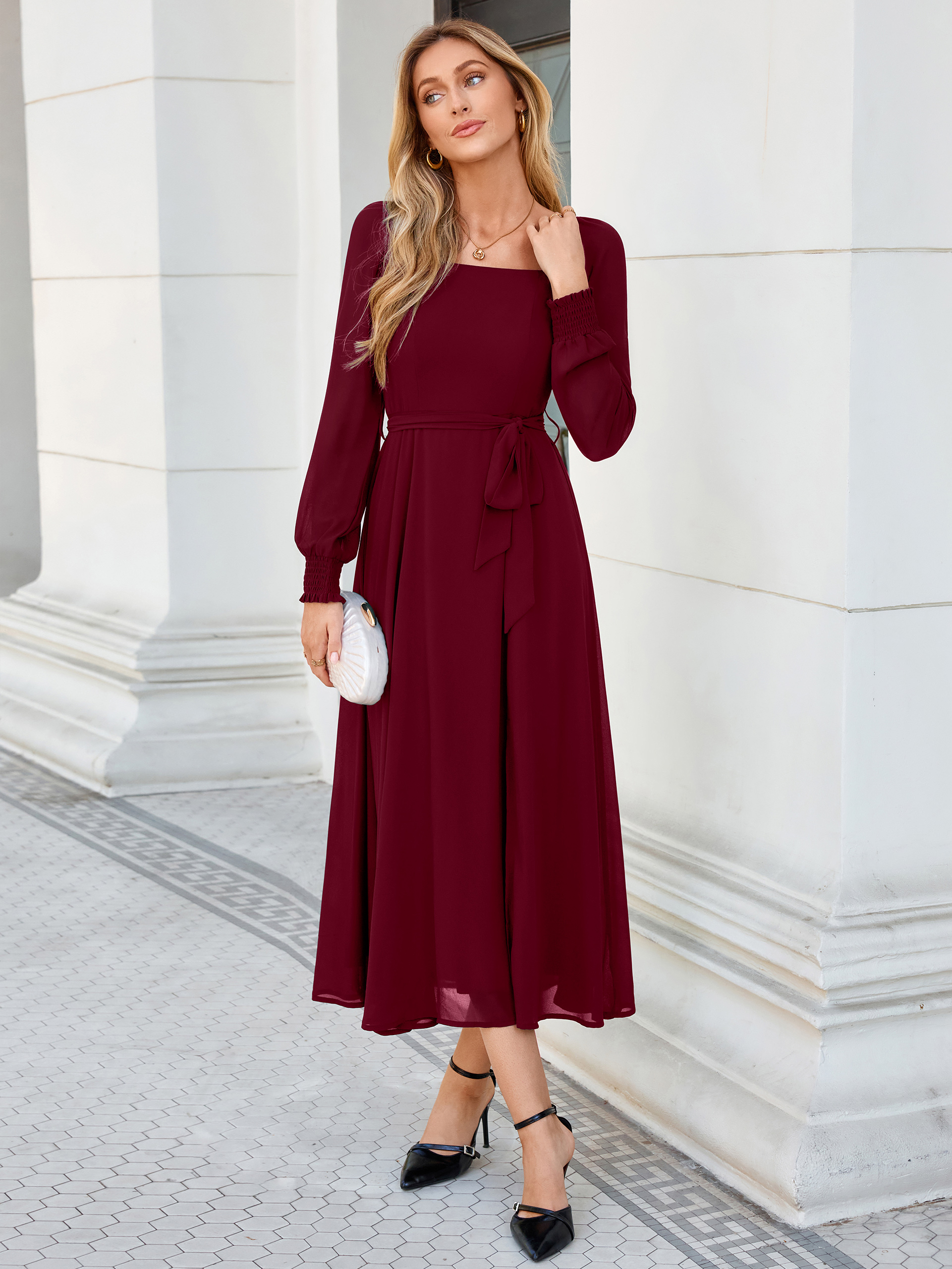 Square Neck Long Sleeve Chiffon A-Line Maxi Dress