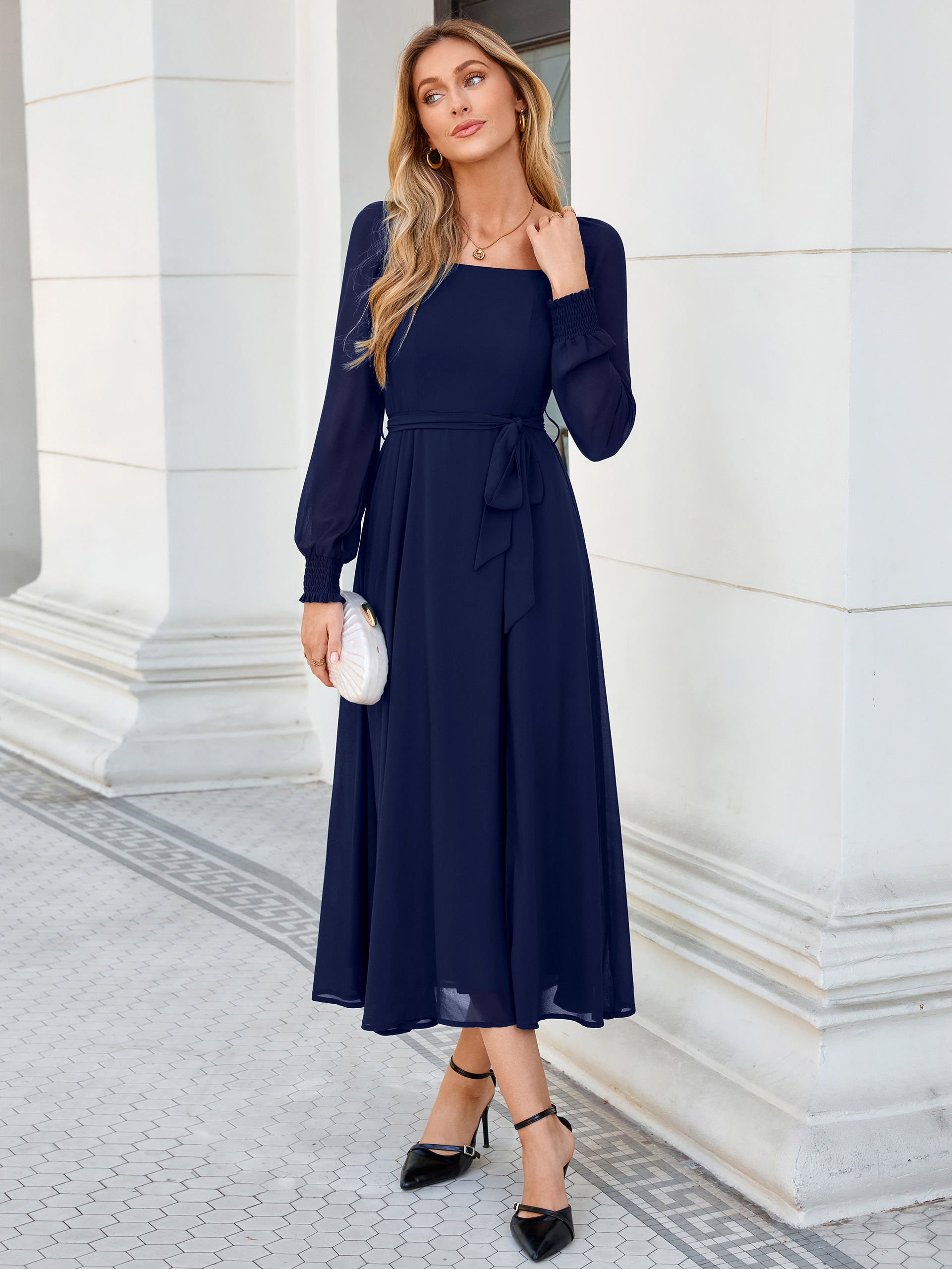 Square Neck Long Sleeve Chiffon A-Line Maxi Dress