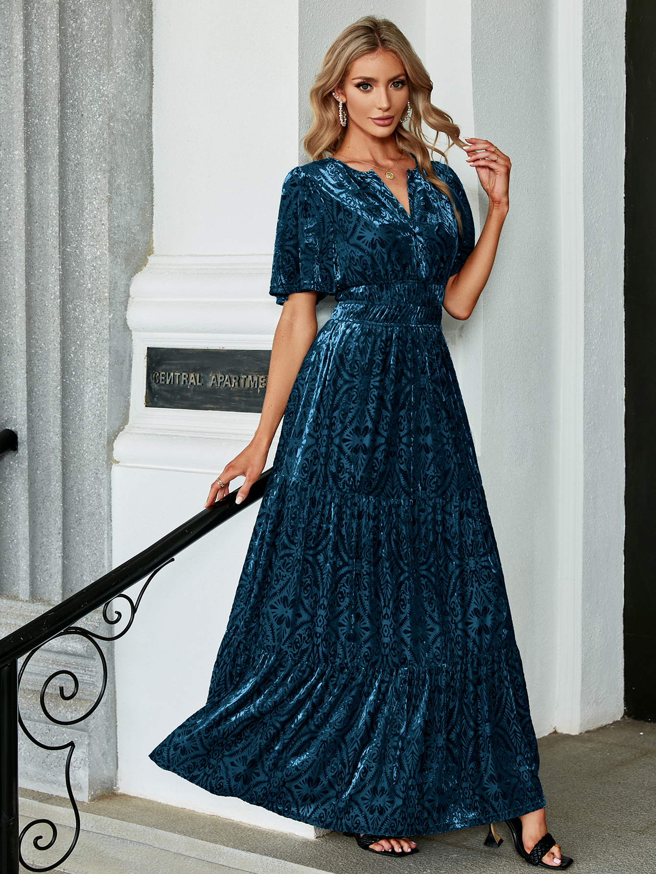 Velvet Print V-Neck Empire Tiered Ruffle Maxi Dress