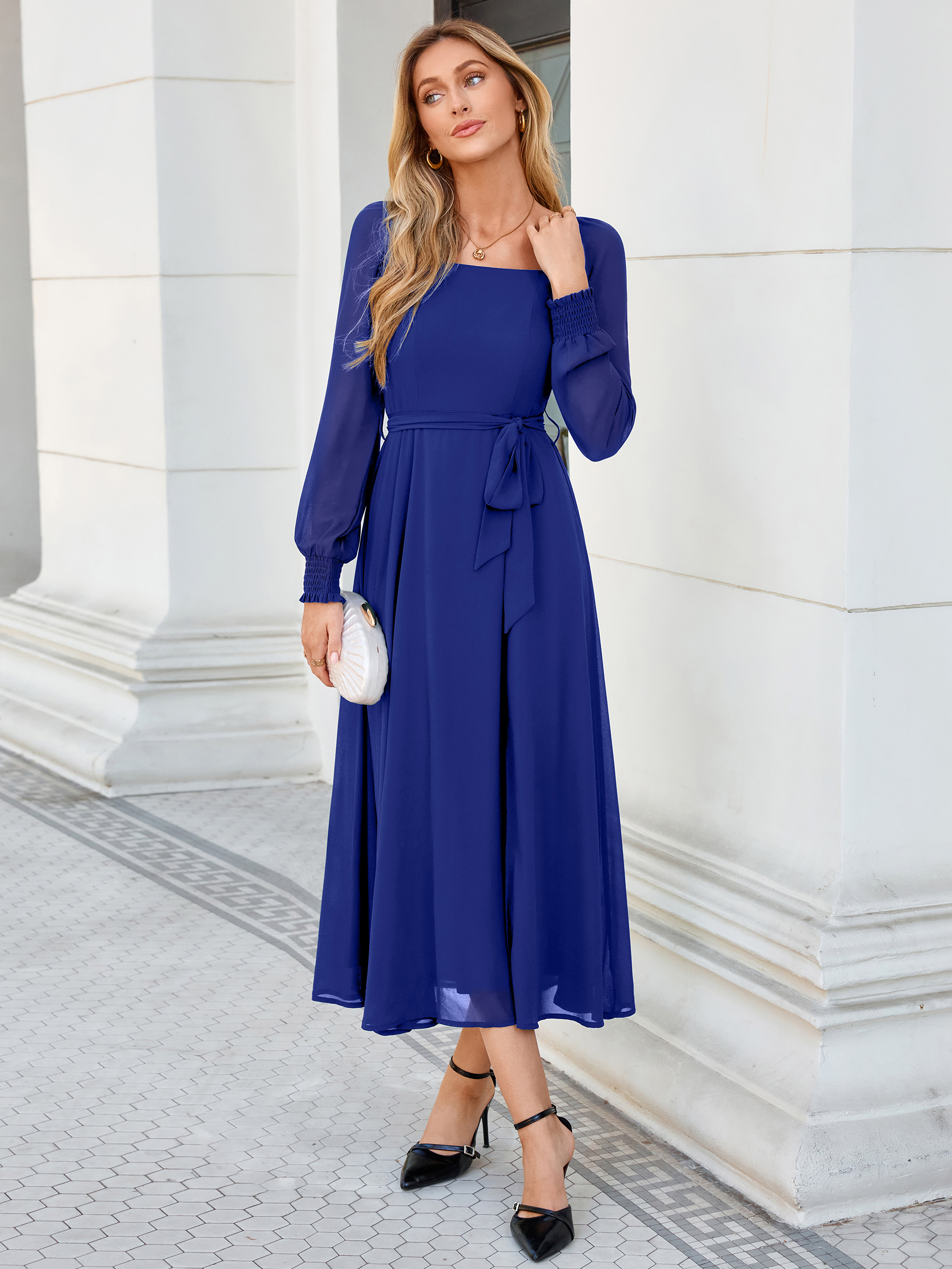 Square Neck Long Sleeve Chiffon A-Line Maxi Dress