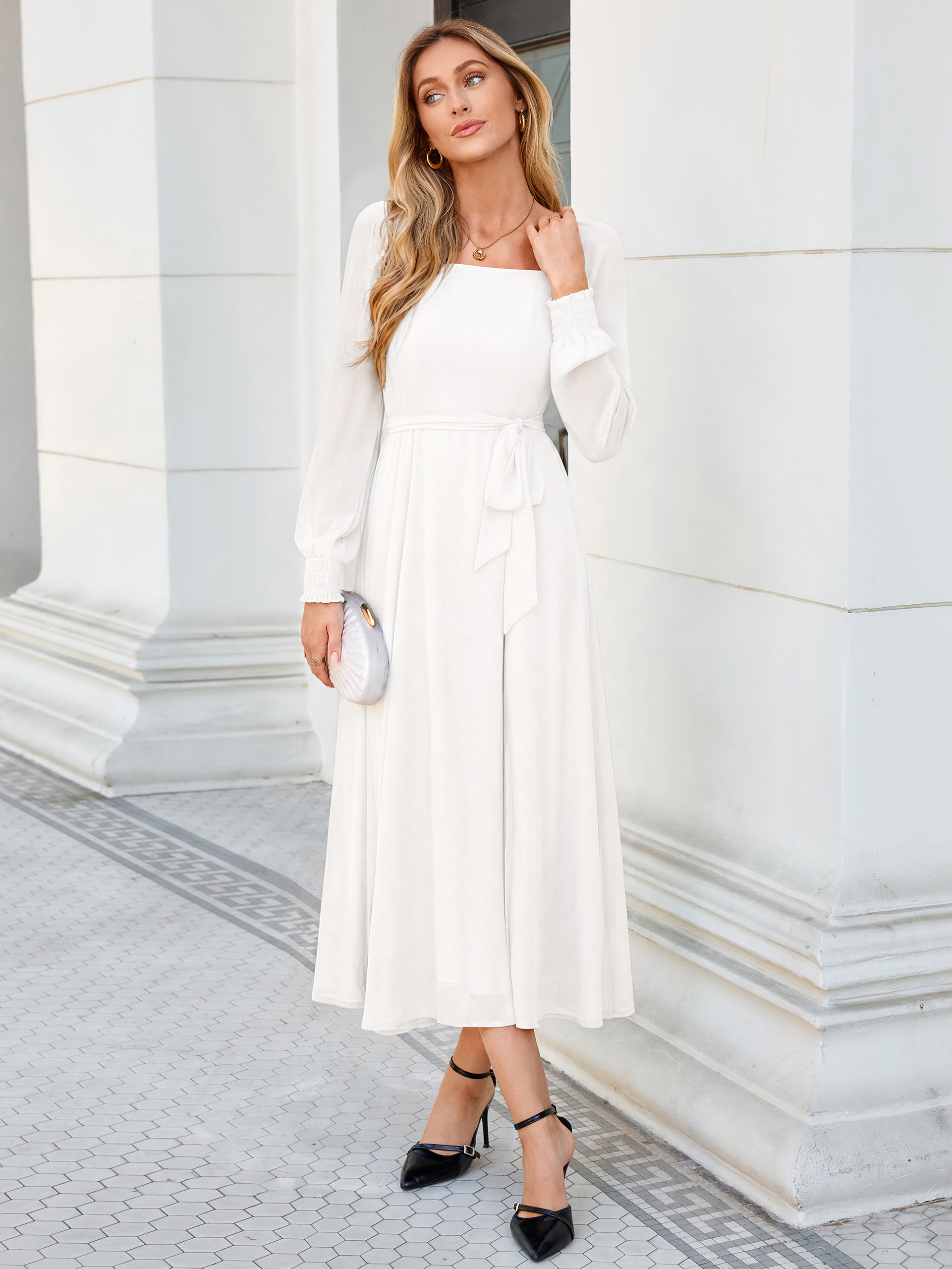 Square Neck Long Sleeve Chiffon A-Line Maxi Dress