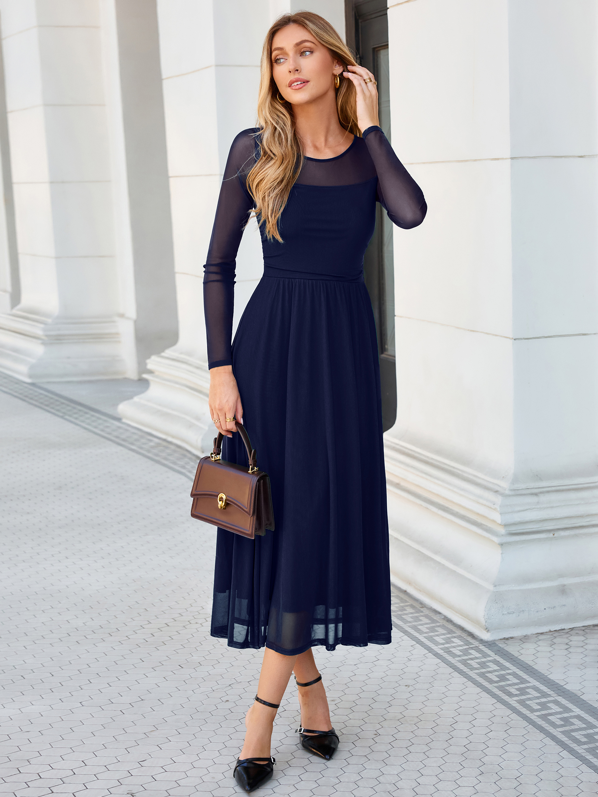 Long Sleeve Sheer Mesh Fit and Flare Maxi Dress