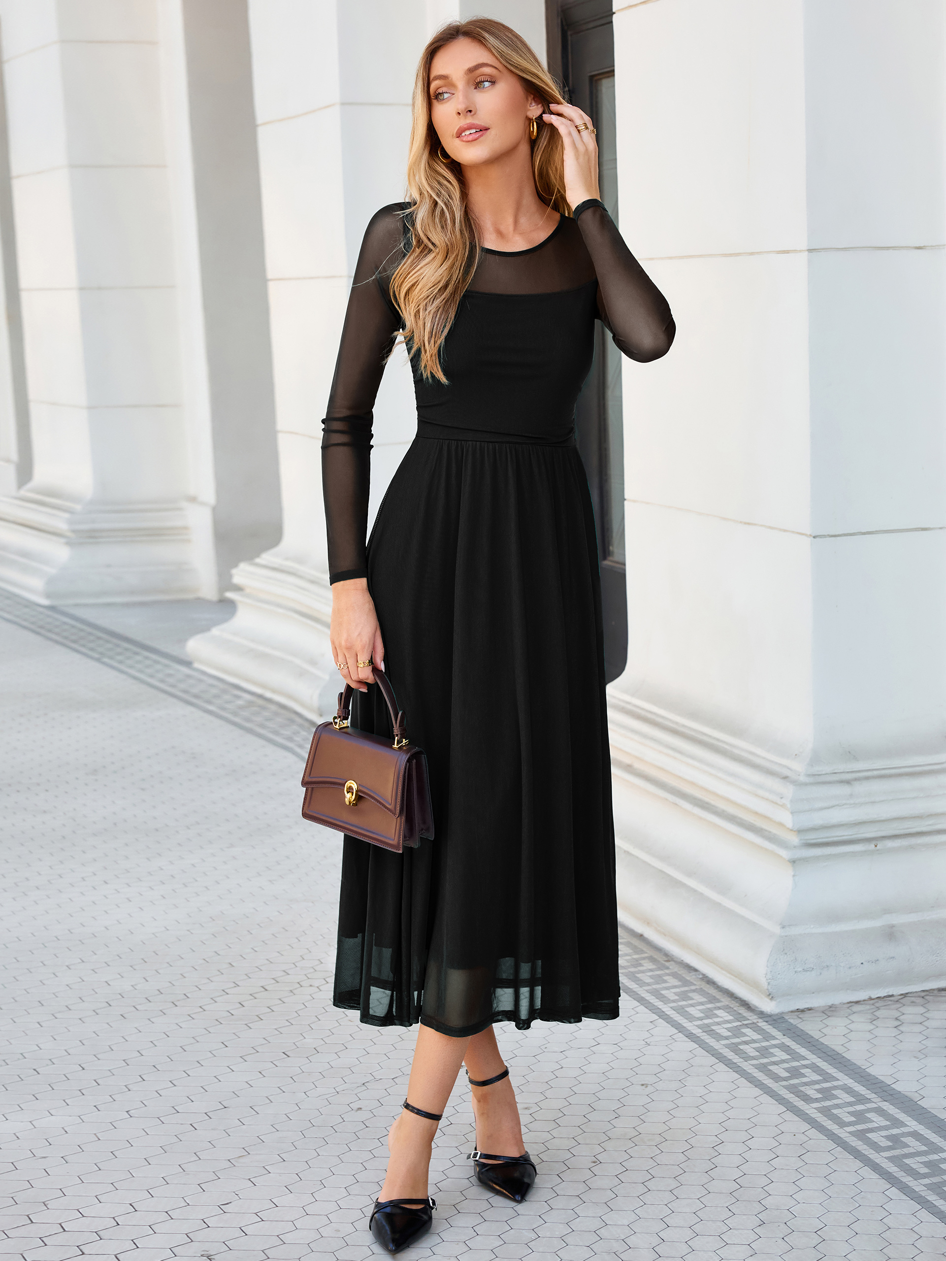 Long Sleeve Sheer Mesh Fit and Flare Maxi Dress