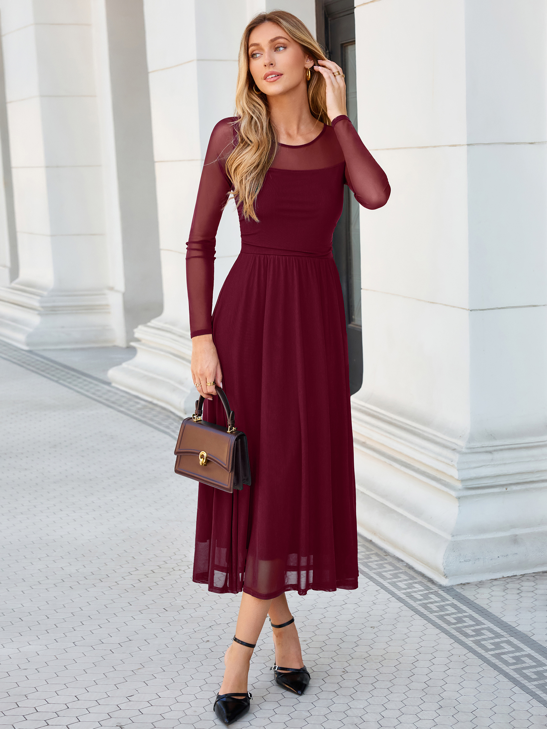 Long Sleeve Sheer Mesh Fit and Flare Maxi Dress