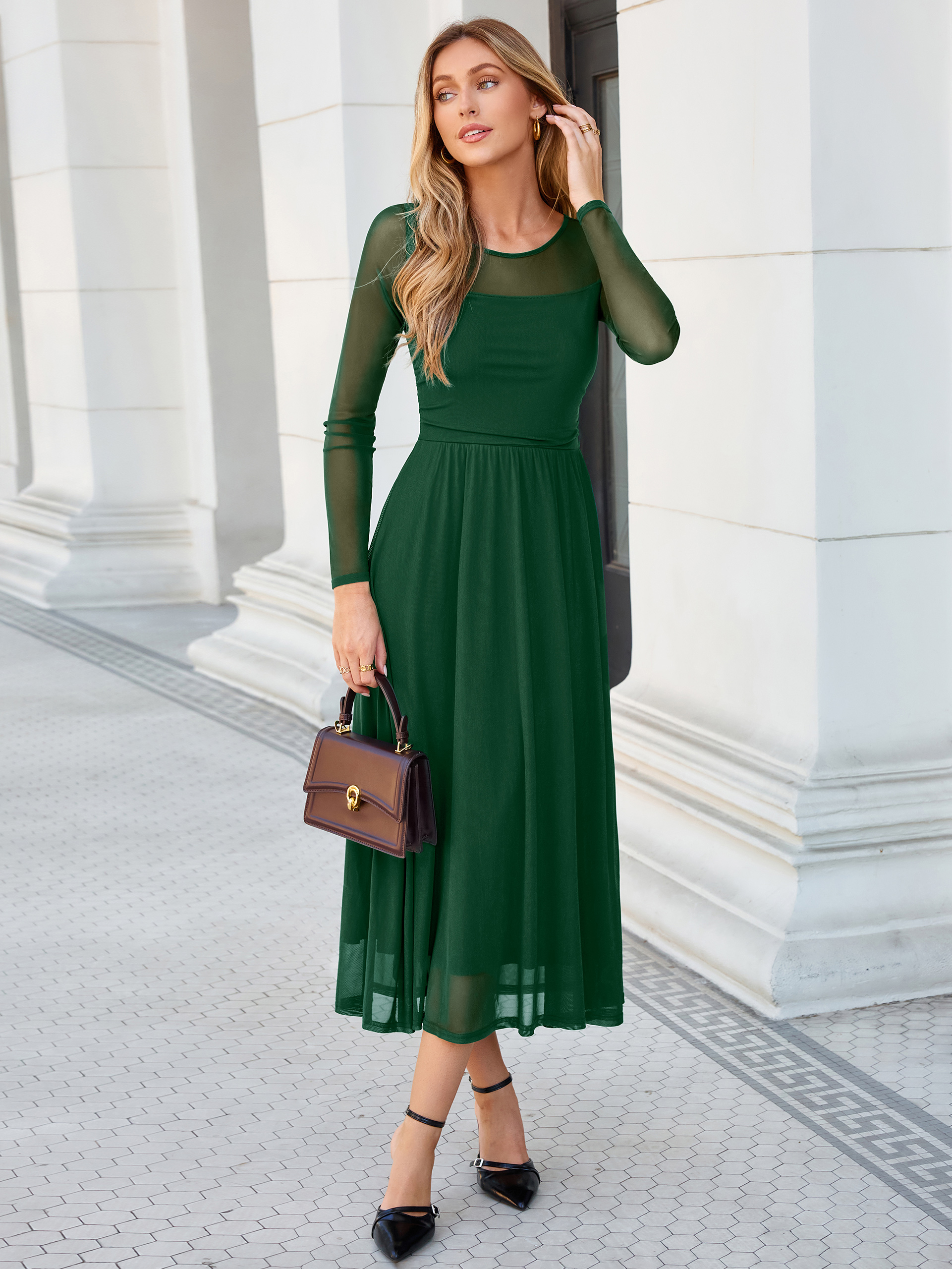 Long Sleeve Sheer Mesh Fit and Flare Maxi Dress