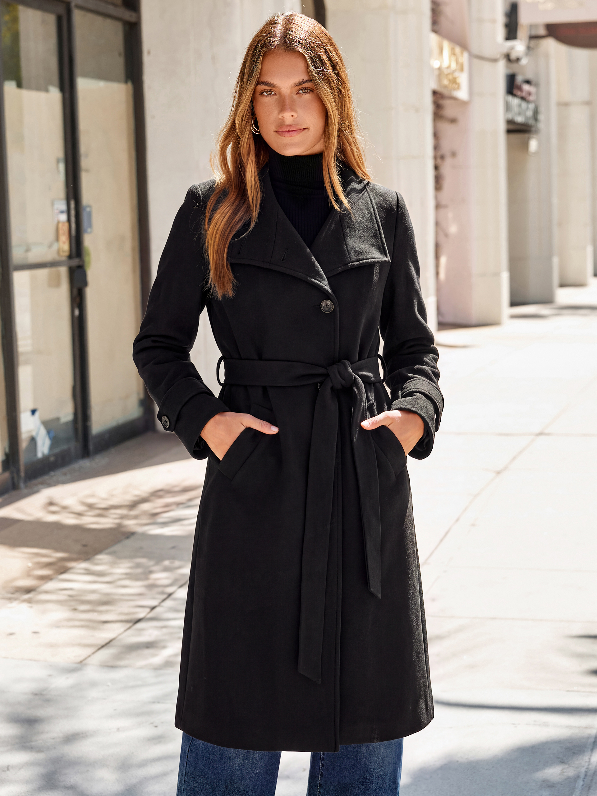 Solid Single Breasted Belted Tweed Long Peacoat - Black