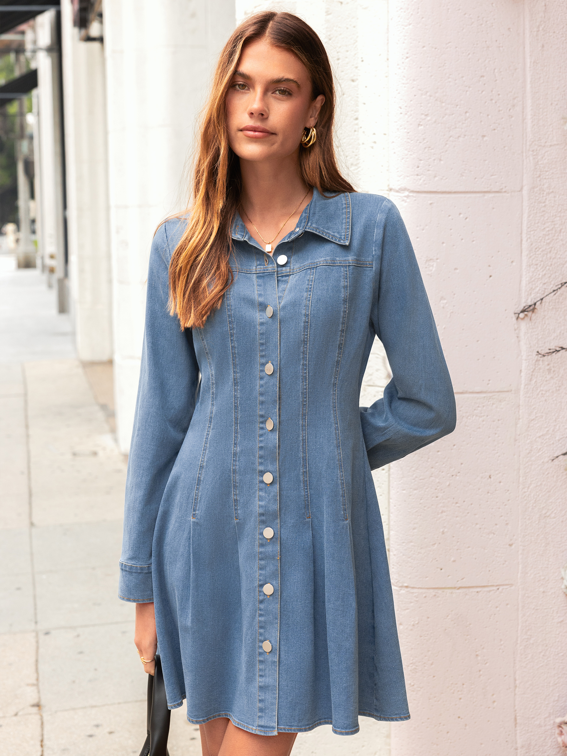 Button Front Stretch Denim Mini Shirt Dress
