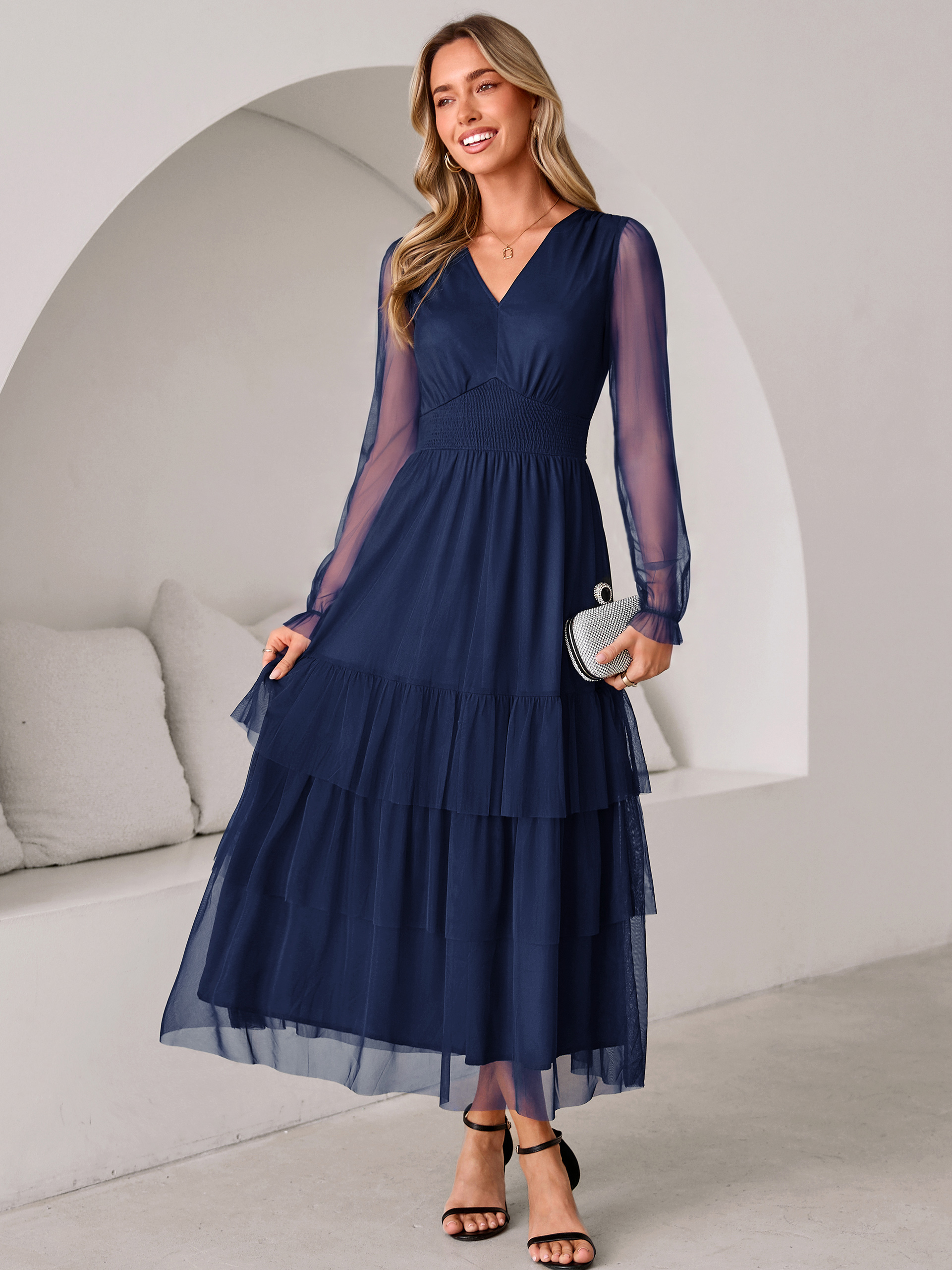 V-Neck Long Puff Sleeve Tiered Tulle Maxi Dress
