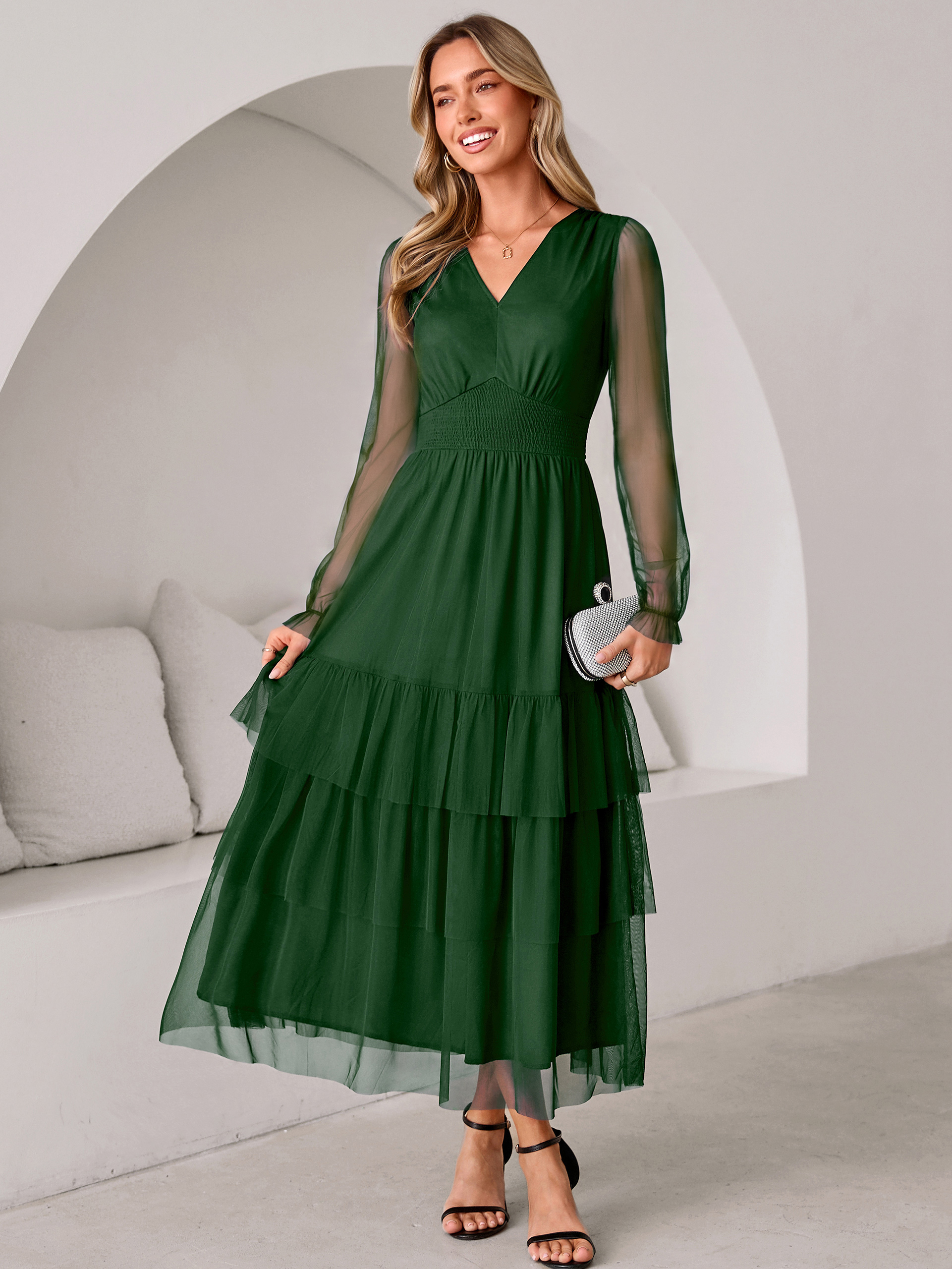V-Neck Long Puff Sleeve Tiered Tulle Maxi Dress