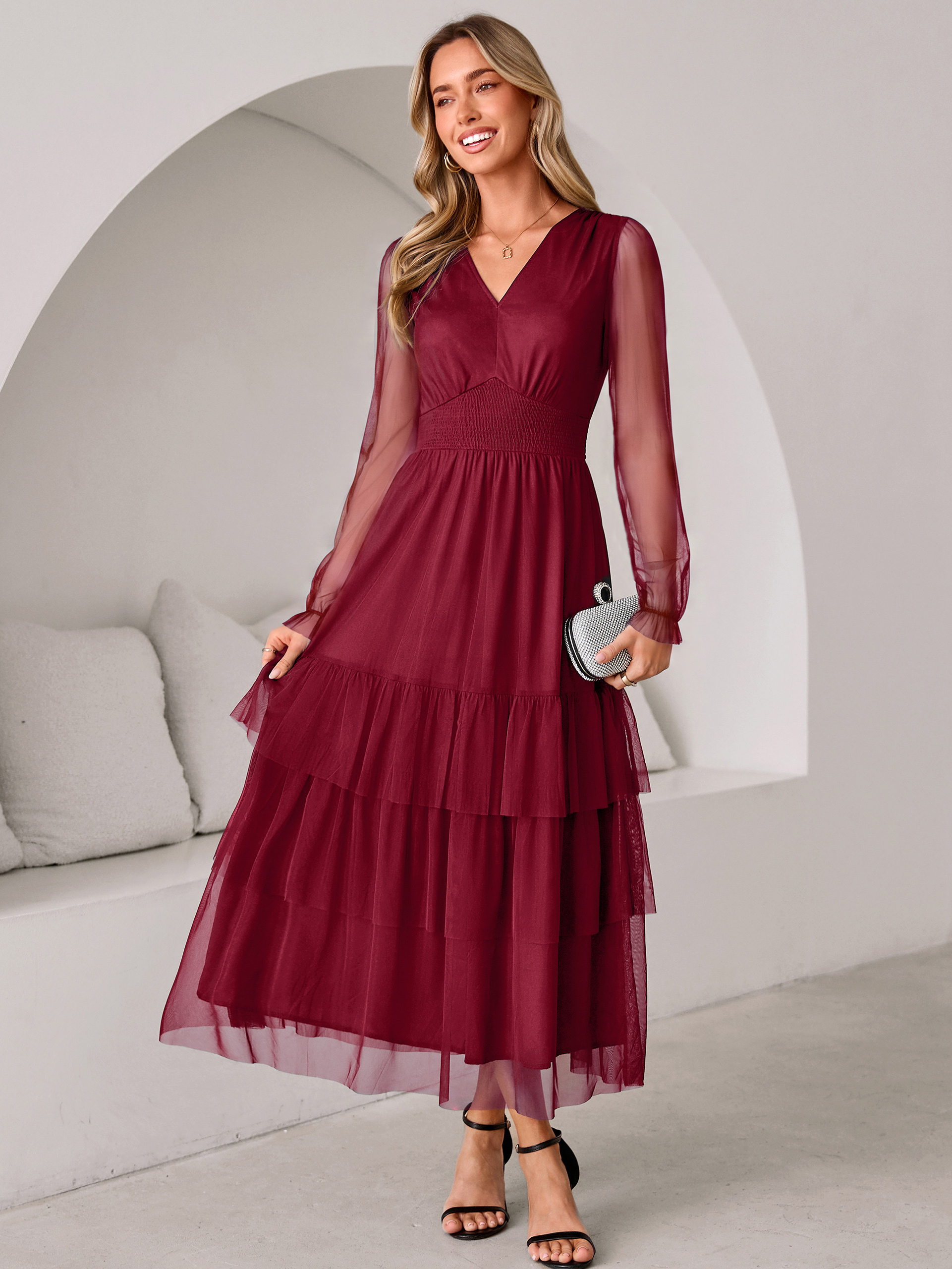 V-Neck Long Puff Sleeve Tiered Tulle Maxi Dress