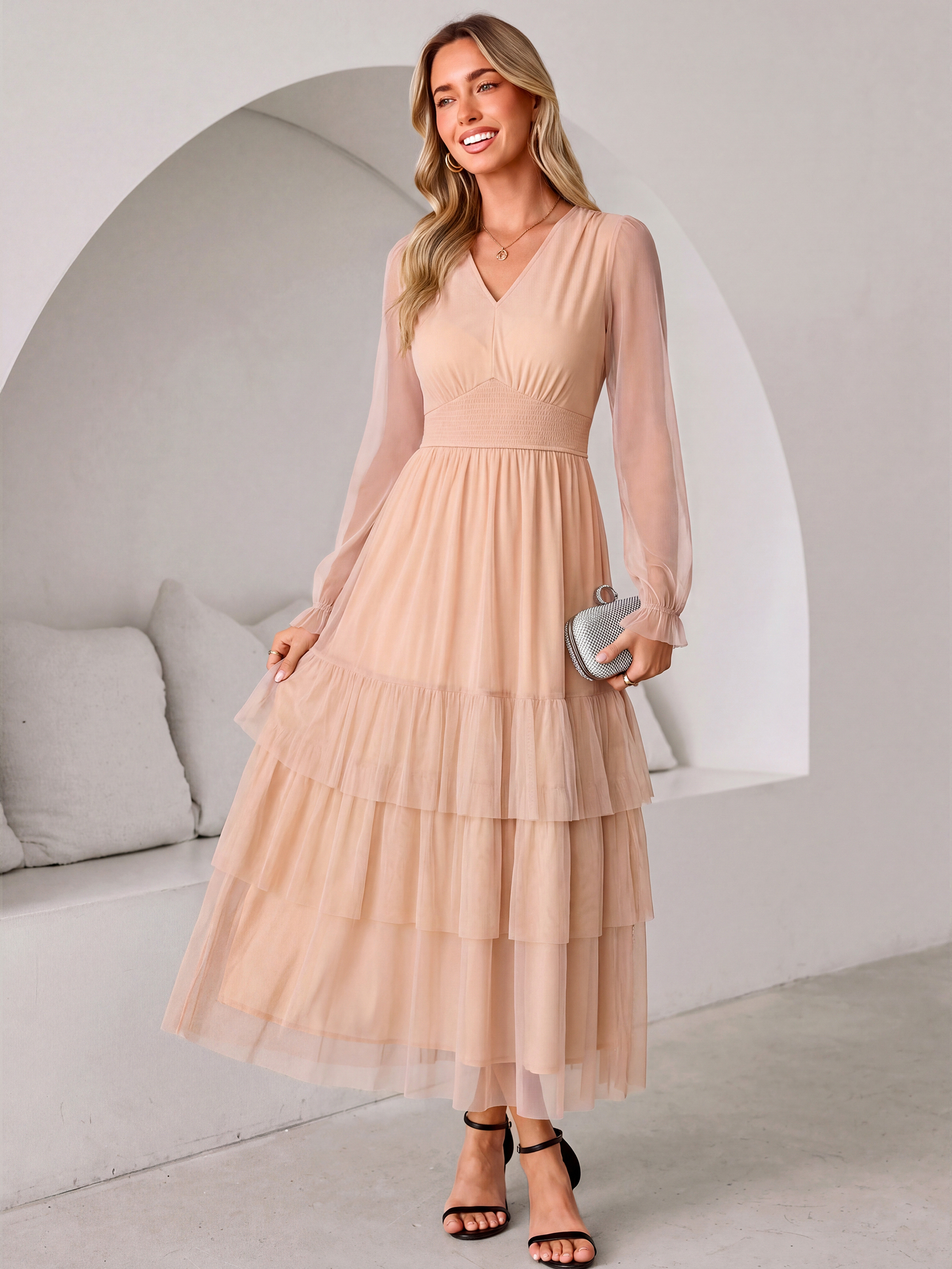 V-Neck Long Puff Sleeve Tiered Tulle Maxi Dress