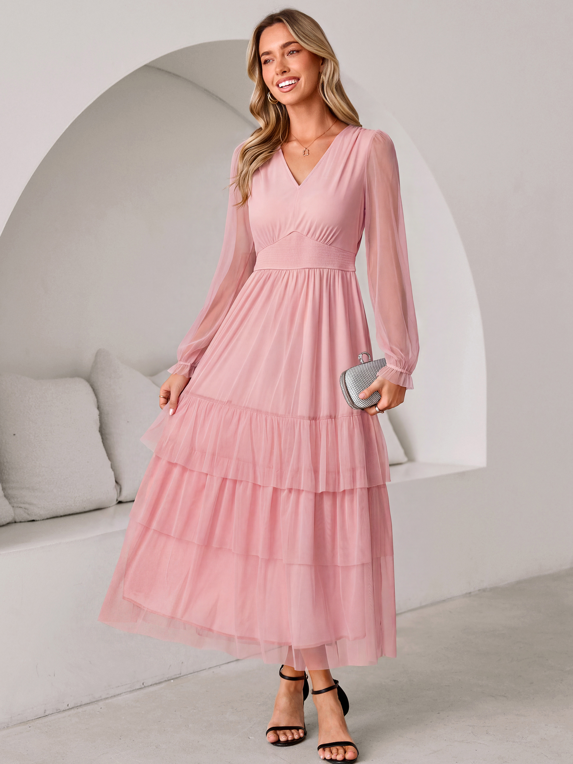 V-Neck Long Puff Sleeve Tiered Tulle Maxi Dress