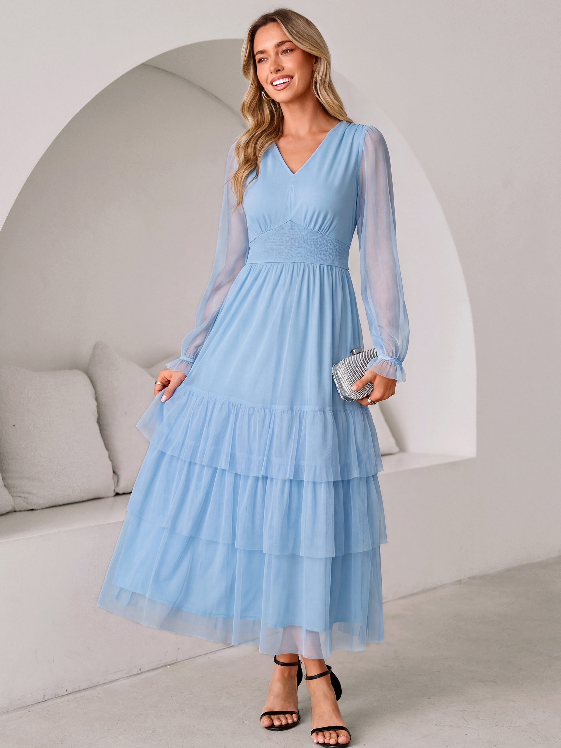V-Neck Long Puff Sleeve Tiered Tulle Maxi Dress