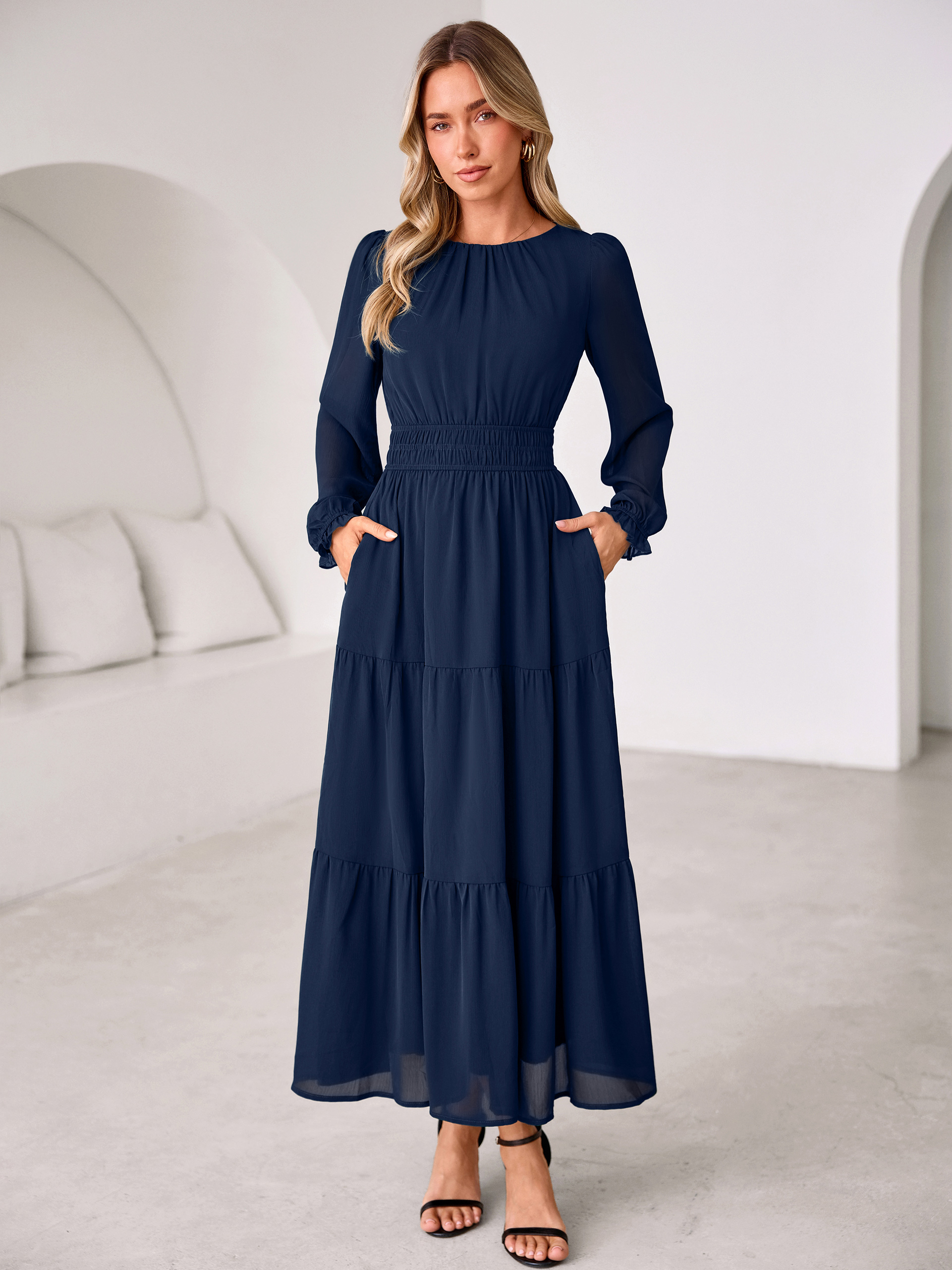 Crewneck Long Sleeve Tiered Chiffon Maxi Dress