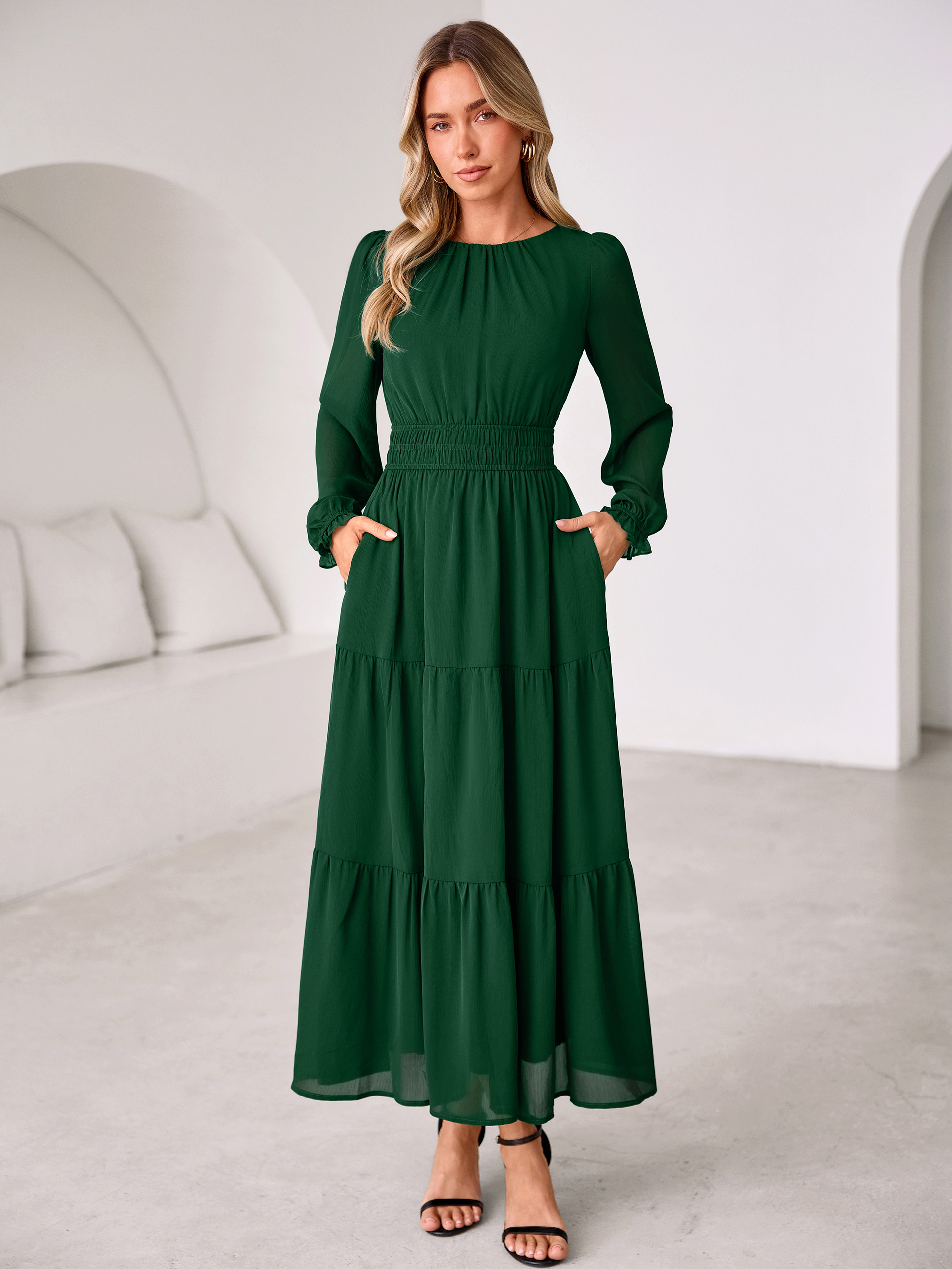 Crewneck Long Sleeve Tiered Chiffon Maxi Dress