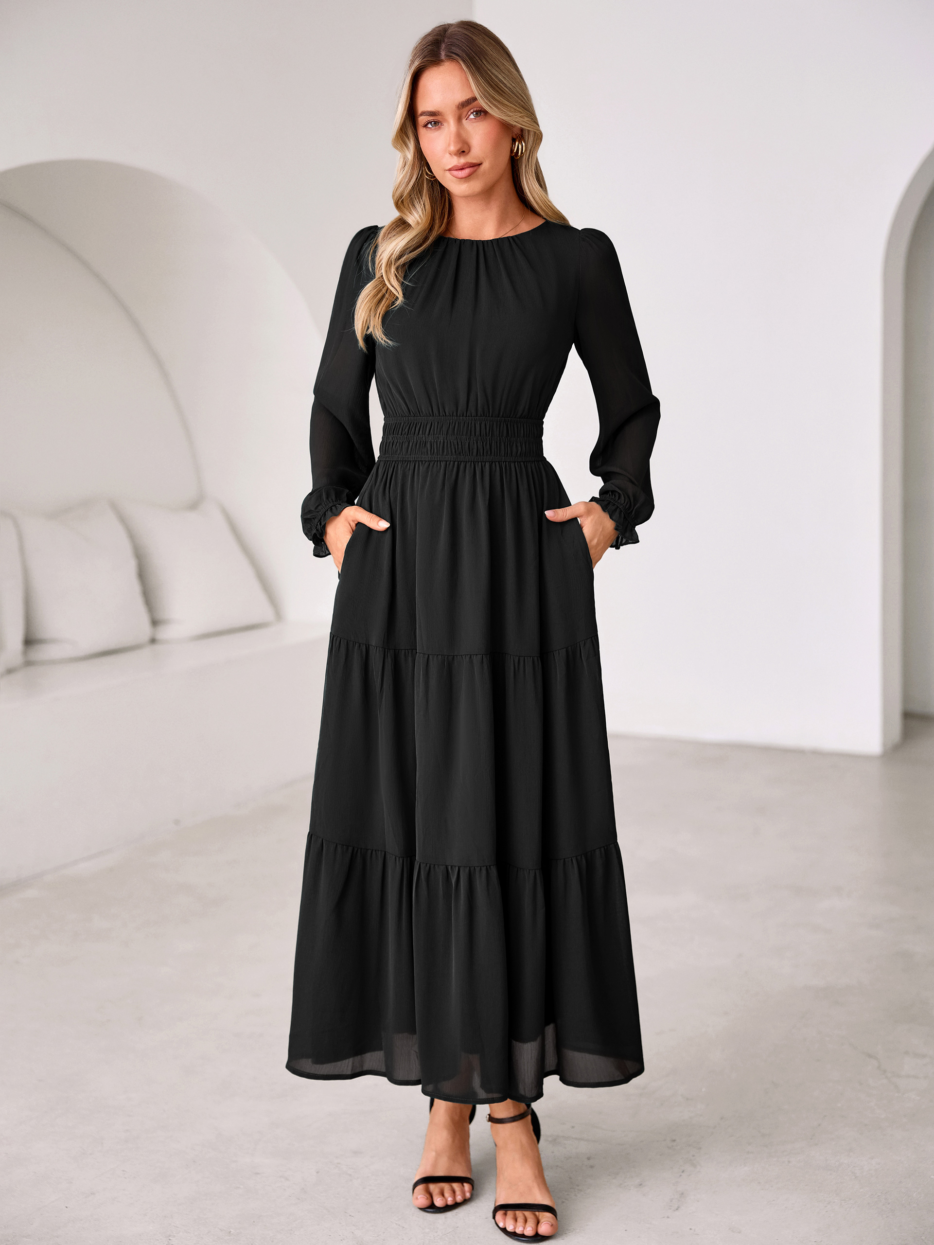 Crewneck Long Sleeve Tiered Chiffon Maxi Dress