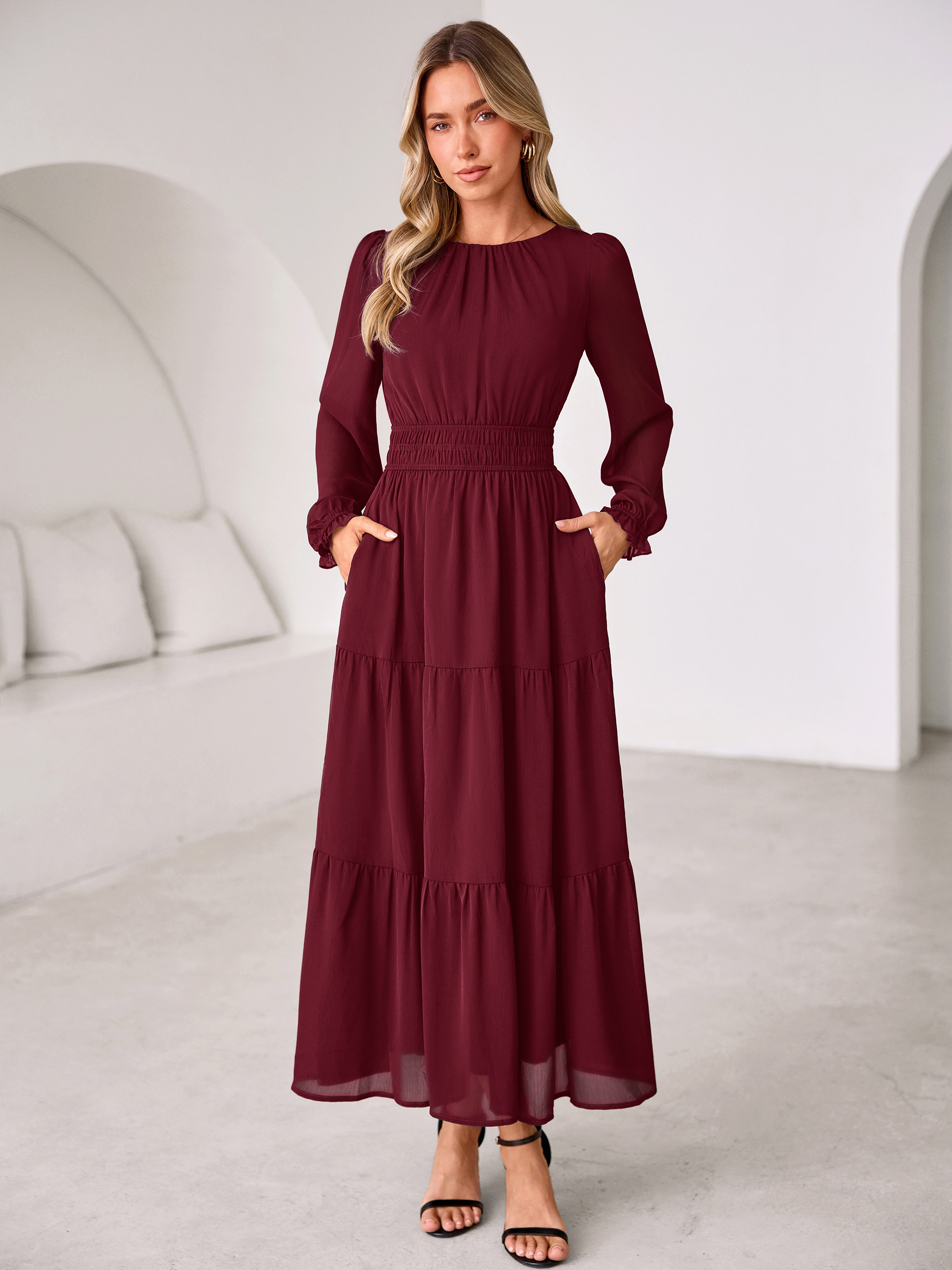 Crewneck Long Sleeve Tiered Chiffon Maxi Dress